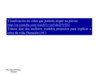 Visualización do vídeo que poderás atopar na páxina:
http://es.youtube.com/watch?v=snYd42FVEEI
Trátase dun dos mellores modelos propostos para explicar a
orixe da vida. Duración (10´)

I.E.S. Otero Pedrayo.
Ourense

 