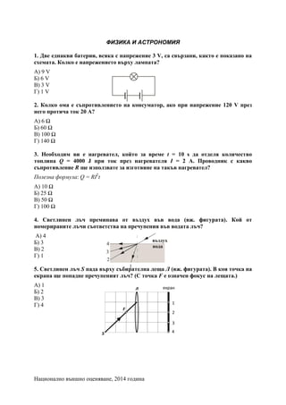 Национално външно оценяване, 2014 година
ФИЗИКА И АСТРОНОМИЯ
1. Две еднакви батерии, всяка с напрежение 3 V, са свързани, както е показано на
схемата. Колко е напрежението върху лампата?
А) 9 V
Б) 6 V
В) 3 V
Г) 1 V
2. Колко ома е съпротивлението на консуматор, ако при напрежение 120 V през
него протича ток 20 А?
А) 6 Ω
Б) 60 Ω
В) 100 Ω
Г) 140 Ω
3. Необходим ви е нагревател, който за време t = 10 s да отделя количество
топлина Q = 4000 J при ток през нагревателя I = 2 A. Проводник с какво
съпротивление R ще използвате за изготвяне на такъв нагревател?
Полезна формула: Q = RI2
t
A) 10 Ω
Б) 25 Ω
В) 50 Ω
Г) 100 Ω
4. Светлинен лъч преминава от въздух във вода (вж. фигурата). Кой от
номерираните лъчи съответства на пречупения във водата лъч?
А) 4
Б) 3
В) 2
Г) 1
5. Светлинен лъч S пада върху събирателна леща Л (вж. фигурата). В коя точка на
екрана ще попадне пречупеният лъч? (С точка F е означен фокус на лещата.)
А) 1
Б) 2
В) 3
Г) 4
 