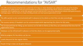 Recommendations for “AVSAR”
This offer period can be converted into a career fair of 2-3 days in which Headstart can collaborate with any of the leading
newspaper for media partner and can accommodate any of the local big brand like VICCO, Krishna Consultants, Max Life
Insurance, ICICI Prudential etc. as the title sponsor and can hold the fair in any of the educational institute with good proximity
and large space. This can lead to a major branding activity and new business generation as well.
The offer period can be communicated well in advance to the clients so that they can plan accordingly.
The success stories of Headstart can be communicated while approaching the clients for the same.
The turnaround time for filling up one vacancy can be told to clients so that they can understand that how fast the
organization works.
Database can be refined well in advance so that the clients can be approached easily.
Referral program for the clients can be run.
Loyalty discount for the regular clients.
People hiring in mass can be given discount.
 