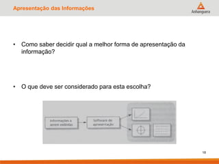 Apresentação das Informações
• Como saber decidir qual a melhor forma de apresentação da
informação?
• O que deve ser considerado para esta escolha?
18
 