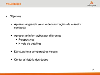 Visualização
• Objetivos
• Apresentar grande volume de informações de maneira
compacta
• Apresentar informações por diferentes
• Perspectivas
• Níveis de detalhes
• Dar suporte a comparações visuais
• Contar a história dos dados
21
 