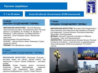 Русское зарубежье
Более 40 событий, 40 участников, 90 000 посетителей.
6 июня
ИЕРУСАЛИМ ПОЗДРАВЛЯЕТ ПЕРМЬ!
ВИЗУАЛЬНОЕ ИСКУССТВО: Александр Галицкий –
выставка, видео, арт объект, мастер классы. Зоя
Черкасская и группа «Новый Барбизон» - выставка,
пленер.
МУЗЫКА: Слава Ганелин (рояль, синтезатор,
перкуссия), Гершон Вайсерфирер (ударные,
перкуссия, туба, терменвокс), Алекс Кремер -
художник-перформансист. Группа «Терри Пойсон».
С 1 по 23 июня
4 июня
БЕРЛИН ПОЗДРАВЛЯЕТ ПЕРМЬ!
ВИЗУАЛЬНОЕ ИСКУССТВО: Николай Макаров,
персональная выставка. Групповая выставка «Русский
Берлин» ( Д. Врубель, Ю. Альберт, В. Захаров, Б.
Михайлов, Vadim Zakharov und Niklas Nitschke -
video/film). Анна Складман проект «Маленькие
взрослые».
Кинопрограмма «Русский Берлин».
МУЗЫКА: «Russen Disco»-проект Каминера и Гуржи.
группа Рот Фронт.
ПОЭЗИЯ: Поэт Дельфинов и друзья.
7 июня
ЛОНДОН ПОЗДРАВЛЯЕТ ПЕРМЬ!
ВИЗУАЛЬНОЕ ИСКУССТВО: Выставка Олега Кудряшова и
Ники Нееловой, Выставка фэшн-фотографии из Лондона:
Аза Шаденова, Татьяна Лешкина, Екатерина Баженова,
Маша Мел. Кинопрограмма.
МУЗЫКА: Евгений Стригалев (саксофон) и Габриэль
Прокофьев. Сайт Ар (Радиовещение).
ЛИТЕРАТУРА: Творческий вечер Зиновия Зиника «Русский
литератор в Лондоне» и мастер-класс по радиовещанию
Севы Новгородцеа. Мобильная редакция The Calvert
Journal.
 