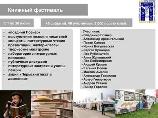 Книжный фестиваль
45 событий, 40 участников, 2 000 посетителей.
- «поздний Познер»
- выступления поэтов и писателей
- концерты, литературные чтения
- презентации, мастер-классы
- творческие мастерские
- лаборатория литературных
пирожков
- публичные дискуссии
- литературные завтраки и ужины
- лекции
- акция «Пермский текст в
движении»
С 1 по 20 июня
Участники:
- Владимир Познер
- Александр Архангельский
- Павел Санаев
- Ирина Богушевская
- Сергей Кузнецов
- Лев Рубинштейн
- Алик Жолковский
- Лея Любомирская
- Андрей Курков
- Евгений Попов
- Максим Амелин
- Александр Гаврилов
- Артур Гиваргизов
- Андрей Усачев
- Линор Горалик
 