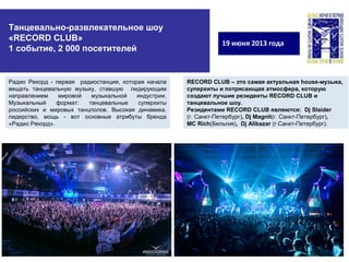 19 июня 2013 года
Танцевально-развлекательное шоу
«RECORD CLUB»
1 событие, 2 000 посетителей
Радио Рекорд - первая радиостанция, которая начала
вещать танцевальную музыку, ставшую лидирующим
направлением мировой музыкальной индустрии.
Музыкальный формат: танцевальные суперхиты
российских и мировых танцполов. Высокая динамика,
лидерство, мощь - вот основные атрибуты бренда
«Радио Рекорд».
RECORD CLUB – это самая актуальная house-музыка,
суперхиты и потрясающая атмосфера, которую
создают лучшие резиденты RECORD CLUB и
танцевальное шоу.
Резидентами RECORD CLUB являются: Dj Slaider
(г. Санкт-Петербург), Dj Magnit(г. Санкт-Петербург),
MC Rich(Бельгия), Dj Alibazar (г.Санкт-Петербург).
 