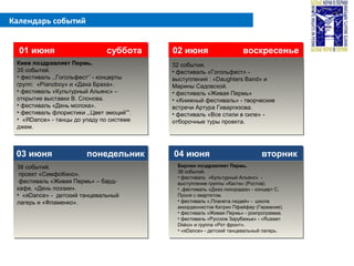 Календарь событий
01 июня суббота01 июня суббота 02 июня воскресенье02 июня воскресенье
03 июня понедельник03 июня понедельник 04 июня вторник04 июня вторник
Киев поздравляет Пермь.
35 событий.
• фестиваль ,,Гогольфест’’ - концерты
групп: «Pianoboy» и «Даха Браха».
• фестиваль «Культурный Альянс» –
открытие выставки В. Слонова.
• фестиваль «День молока».
• фестиваль флористики ,,Цвет эмоций””.
• «ЯDance» - танцы до упаду по системе
джем.
32 события.
• фестиваль «Гогольфест» -
выступления : «Daughters Band» и
Марины Садовской.
• фестиваль «Живая Пермь»
• «Книжный фестиваль» - творческие
встречи Артура Гиваргизова.
• фестиваль «Все стили в силе» -
отборочные туры проекта.
38 событий.
проект «СимфоКино».
фестиваль «Живая Пермь» – бард-
кафе, «День поэзии».
• «яDance» - детский танцевальный
лагерь и «Фламенко».
Берлин поздравляет Пермь.
38 событий.
• фестиваль «Культурный Альянс» -
выступление группы «Каста» (Ростов).
• ,фестиваль «Джаз лихорадка» - концерт С.
Проня с квартетом.
• фестиваль «,Планета людей» - школа
аккордеонистов Катрин Пфайфер (Германия).
• фестиваль «Живая Пермь» - рокпрограмма.
• фестиваль «Русское Зарубежье» - «Russen
Disko» и группа «Рот фронт».
• «яDance» - детский танцевальный лагерь.
 