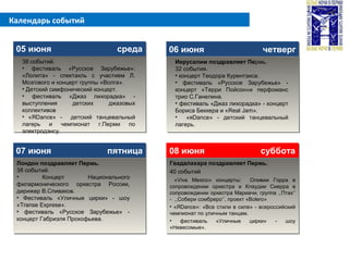Календарь событий
05 июня среда05 июня среда 06 июня четверг06 июня четверг
07 июня пятница07 июня пятница 08 июня суббота08 июня суббота
38 событий.
• фестиваль «Русское Зарубежье»:
«Лолита» - спектакль с участием Л.
Мозгового и концерт группы «Волга».
• Детский симфонический концерт.
• фестиваль «Джаз лихорадка» -
выступления детских джазовых
коллективов
• «ЯDance» - детский танцевальный
лагерь и чемпионат г.Перми по
электродэнсу.
Иерусалим поздравляет Пермь.
32 события.
• концерт Теодора Курентзиса.
• фестиваль «Русское Зарубежье» -
концерт «Терри Пойсон»и перфоманс
трио С.Ганелина.
• фестиваль «Джаз лихорадка» - концерт
Бориса Беккера и «Real Jam».
• «яDance» - детский танцевальный
лагерь.
Лондон поздравляет Пермь.
38 событий.
• Концерт Национального
филармонического оркестра России,
дирижер В.Спиваков.
• Фестиваль «Уличные цирки» - шоу
«Transe Exprese».
• фестиваль «Русское Зарубежье» -
концерт Габриэля Прокофьева.
Гвадалахара поздравляет Пермь.
40 событий
«Viva Mexico» концерты: Оливии Горра в
сопровождении оркестра и Клаудии Сиерра в
сопровождении оркестра Мариачи, группа ,,Птах’’
- ,,Собери сомбреро’’, проект «Bolero»
• «ЯDance»: «Все стили в силе» - всероссийский
чемпионат по уличным танцам.
• фестиваль «Уличные цирки» - шоу
«Невесомые».
 