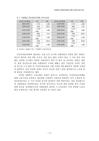 「두원정공 주간연속2교대제 시행과 노동자의 삶과 건강」

표 7. 두원정공 주간연속2교대제 근무시간표
오전반(시업/종업)

시간

구분

오후반(시업/종업)

시간

구분

08:00-10:00

2시간

노동1

16:00-18:00

2시간

노동1

10:00-10:10

10분
1시간

휴식1

18:00-18:40

식사

노동2

18:40-20:30

40분
1시간

식사

20:30-20:40

노동3

20:40-22:30

휴식2

22:30-22:40

노동4

22:40-24:00

10:10-12:00
12:00-12:40
12:40-14:30
14:30-14:40
14:40-16:00

50분
40분
1시간
50분
10분
1시간
20분

50분
10분
1시간
50분
10분
1시간
20분

노동2
휴식1
노동3
휴식2
노동4

※ 자료출처: <2010년 임금・단체협약 교섭위원자료>
주간연속2교대제와 월급제는 도입 논의 초기에 조합원들의 저항을 많이 받았다.
임금이 줄어들 것에 대한 우려가 가장 컸고, 20년 가까이 혹은 그 이상 동안 적응
해온 교대제 시스템이 바뀌면 생체리듬이 깨져 더 힘이 들 것이라는 예상도 많았
다. 한편 임금감소에 대한 조합원들의 우려를 꿰뚫고 있던 두원정공 사측은 잔업
및 특근을 노사 합의 후 주간연속2교대제 시행 직전인 9월 20일까지 최대한 운영하
다 21일부로 전면 중단해 실제로 임금이 감소한 듯한 느낌을 불러일으켜 노조에 대
한 불만을 부채질하기도 했다.
이러한 상황에서 노동조합은 물량이 줄어드는 조건에서는 주간연속2교대제를
통해 노동시간을 단축하고 월급제를 도입하여 기본급을 확충하는 것이 고용안정 및
임금안정이라는 두 가지 목표를 동시에 달성하기 위한 방안이라는 점을 강조함으로
써 조합원들을 설득해나갔다. 동시에 일시적으로 특근에 대한 통제를 풀어 수당을
통해 임금을 보전해줌으로써 조합원들의 불만을 누그러뜨렸다. 이와 관련한 노동조
합의 문제의식은 아래 제시한 자료에도 잘 나타나 있다.

- 10 -

 