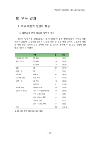 「두원정공 주간연속2교대제 시행과 노동자의 삶과 건강」

III. 연구 결과
1. 조사 대상의 일반적 특성
1) 설문조사 분석 대상의 일반적 특성
2010년 ‘근골격계 유해요인조사 및 뇌심혈관계 질환 예방관리방안 마련을 위한

설문’과 2013년 ‘노동시간 변화와 노동자 건강 및 생활 변화 조사와 노동조건 개선
을 위한 설문’ 조사에 모두 참여한 사람 중, 교대제 종류에 두 번 모두 응답한 309
명을 대상으로 하였다.

구분

명

(%)

연령(2013년 기준)

30~39세

19

(6.1)

평균 : 47.8

40~49세

180

(58.3)

50~59세

110

(35.6)

성별

남

301

(97.7)

(결측 : 1)

여

7

(2.3)

근무부서

PE제조

93

(30.3)

(2013년 기준)

노즐 제조

51

(16.6)

(결측 : 2)

VE 제조

102

(33.2)

지원부서

61

(19.9)

교대제 변화

상시주간계속

164

(53.1)

(2010 -> 2013)

교대 -> 주간연속2교대

104

(33.7)

주간-> 교대,기타

14

(4.5)

교대, 기타-> 주간

10

(3.2)

교대-> 기타

7

(2.3)

기타 -> 교대,기타

10

(3.2)

309

(100.0)

전체
표 13. 설문 분석 대상자의 일반 특성

- 18 -

 