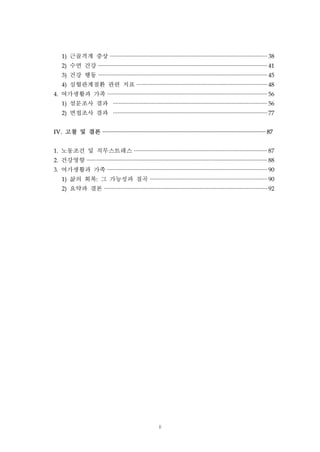 1) 근골격계 증상 ·········································································································· 38
2) 수면 건강 ·················································································································· 41
3) 건강 행동 ·················································································································· 45
4) 심혈관계질환 관련 지표 ························································································ 48
4. 여가생활과 가족 ············································································································ 56
1) 설문조사 결과

········································································································ 56

2) 면접조사 결과

········································································································ 77

IV.

고찰 및 결론 ·············································································································· 87

1. 노동조건 및 직무스트레스 ·························································································· 87
2. 건강영향 ·························································································································· 88
3. 여가생활과 가족 ············································································································ 90
1) 삶의 회복: 그 가능성과 질곡 ··············································································· 90
2) 요약과 결론 ·············································································································· 92

ii

 