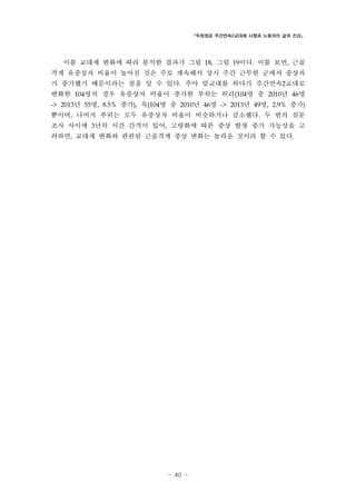 「두원정공 주간연속2교대제 시행과 노동자의 삶과 건강」

이를 교대제 변화에 따라 분석한 결과가 그림 18, 그림 19이다. 이를 보면, 근골
격계 유증상자 비율이 높아진 것은 주로 계속해서 상시 주간 근무한 군에서 증상자
가 증가했기 때문이라는 점을 알 수 있다. 주야 맞교대를 하다가 주간연속2교대로
변화한 104명의 경우 유증상자 비율이 증가한 부위는 허리(104명 중 2010년 46명
-> 2013년 55명, 8.5% 증가), 목(104명 중 2010년 46명 -> 2013년 49명, 2.9% 증가)

뿐이며, 나머지 부위는 모두 유증상자 비율이 비슷하거나 감소했다. 두 번의 설문
조사 사이에 3년의 시간 간격이 있어, 고령화에 따른 증상 발생 증가 가능성을 고
려하면, 교대제 변화와 관련된 근골격계 증상 변화는 놀라운 것이라 할 수 있다.

- 40 -

 