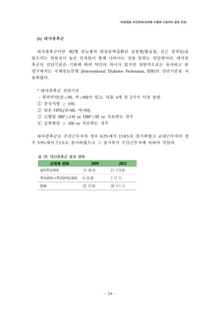 「두원정공 주간연속2교대제 시행과 노동자의 삶과 건강」

(6)

대사증후군

대사증후군이란 제2형 당뇨병과 관상동맥질환인 심장병(협심증, 심근 경색등)을
일으키는 위험성이 높은 인자들이 함께 나타나는 것을 일컫는 진단명이다. 대사증
후군의 진단기준은 기관에 따라 약간의 차이가 있지만 전반적으로는 유사하고 본
연구에서는 국제당뇨연맹 (International Diabetes Federaion, IDF)의 진단기준을 사
용하였다.
* 대사증후군 진단기준

≥ ≥
 중성지방 ≥ 150,

: 복부비만(남 90, 여 80)이 있고, 다음 4개 중 2가지 이상 동반

 낮은 HDL(남<40, 여<50),

≥
≥
 공복혈당 ≥ 100 or 치료받는 경우

 고혈압 SBP 130 or DBP 85 or 치료받는 경우

대사증후군은 주간근무자의 경우 8.2%에서 13.8%로 증가하였고 교대근무자의 경
우 5.9%에서 7.1%로 증가하였으나 그 증가폭이 주간근무자에 비하여 적었다.
표 24. 대사증후군 분포 변화
교대제 변화

2009

2012

상시주간계속

12 (8.2)

21 (13.8)

주야교대->주간연속2교대

6 (5.9)

7 (7.1)

전체

22 (7.6)

32 (11.1)

- 54 -

 