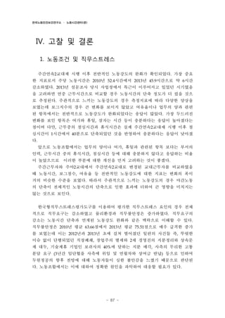 한국노동안전보건연구소 · 노동시간센터(준)

IV. 고찰 및 결론
1. 노동조건 및 직무스트레스
주간연속2교대제 시행 이후 전반적인 노동강도의 완화가 확인되었다. 가장 중요
한 지표로서 주당 노동시간은 2010년 52.4시간에서 2013년 45.9시간으로 약 6시간
감소하였다. 2013년 설문조사 당시 사업장에서 특근이 이루어지고 있었던 시기였음
을 고려하면 연중 근무시간으로 비교할 경우 노동시간의 단축 정도가 더 컸을 것으
로 추정된다. 주관적으로 느끼는 노동강도의 경우 측정지표에 따라 다양한 양상을
보였는데 보그지수의 경우 큰 변화를 보이지 않았고 여유율이나 업무의 양과 관련
된 항목에서는 전반적으로 노동강도가 완화되었다는 응답이 많았다. 가장 두드러진
변화를 보인 항목은 여가와 휴일, 잠자는 시간 등이 충분하다는 응답이 높아졌다는
점이며 다만, 근무중의 점심시간과 휴식시간은 실제 주간연속2교대제 시행 이후 점
심시간이 1시간에서 40분으로 단축되었던 것을 반영하여 충분하다는 응답이 낮아졌
다.
앞으로 노동조합에서는 업무의 양이나 여가, 휴일과 관련된 항목 보다는 부서의
인력, 근무시간 중의 휴식시간, 점심시간 등에 대해 충분하지 않다고 응답하는 비율
이 높았으므로 이러한 부분에 대한 개선을 먼저 고려하는 것이 좋겠다.
주간근무자와 주야2교대에서 주간연속2교대로 변경된 교대근무자를 비교하였을
때 노동시간, 보그점수, 여유율 등 전반적인 노동강도에 대한 지표는 변화의 폭이
거의 비슷한 수준을 보였다. 따라서 주관적으로 느끼는 노동강도의 경우 야간노동
의 단축이 전체적인 노동시간의 단축으로 인한 효과에 더하여 큰 영향을 미치지는
않는 것으로 보인다.
한국형직무스트레스평가도구를 이용하여 평가한 직무스트레스 요인의 경우 전체
적으로 직무요구는 감소하였고 물리환경과 직무불안정은 증가하였다. 직무요구의
감소는 노동시간 단축과 연계된 노동강도 완화와 같은 맥락으로 이해할 수 있다.
직무불안정은 2010년 평균 63.66점에서 2013년 평균 75.51점으로 매우 급격한 증가
를 보였는데 이는 2012년과 2013년 초에 걸쳐 벌어졌던 일련의 사건들 즉, 뚜렷한
이슈 없이 단행되었던 직장폐쇄, 창업주의 별세와 2세 경영진의 지분정리와 상속문
제 대두, 기술제휴 기업인 보쉬사의 40%에 달하는 지분 매각, 사측의 무리한 고통
분담 요구 (3년간 임단협을 사측에 위임 및 연월차와 상여금 반납) 등으로 인하여
두원정공의 향후 전망에 대해 노동자들이 심한 불안감을 느꼈기 때문으로 판단된
다. 노동조합에서는 이에 대하여 정확한 원인을 파악하여 대응할 필요가 있다.

- 87 -

 