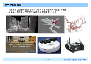 로봇 분야에 활용
• 이동하는 공간상에 있는 물체까지의 거리를 측정하여 지도를 구축함
à 로봇이 장애물에 부닺히지 않고 자율주행을 할 수 있음

27/53

동작인식 기술 및 활용 트렌드

 