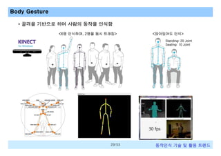 Body Gesture
• 골격을 기반으로 하여 사람의 동작을 인식함
<6명 인식하며, 2명을 동시 트래킹>

<앉아있어도 인식>
Standing: 20 Joint
Seating: 10 Joint

29/53

동작인식 기술 및 활용 트렌드

 