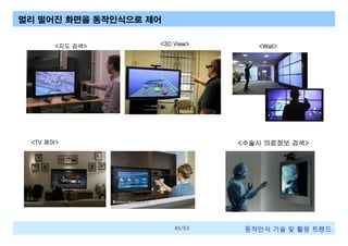 멀리 떨어진 화면을 동작인식으로 제어
<지도 검색>

<3D View>

<TV 제어>

<Wall>

<수술시 의료정보 검색>

45/53

동작인식 기술 및 활용 트렌드

 