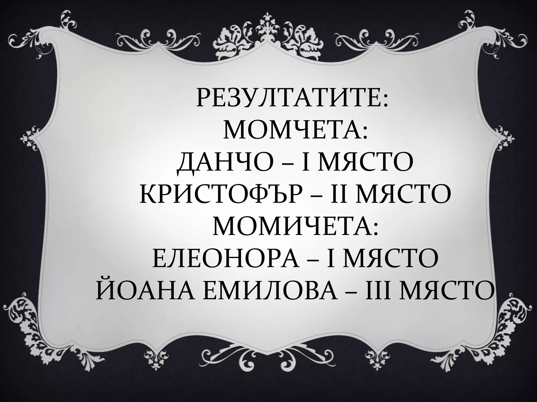 РЕЗУЛТАТИТЕ:
МОМЧЕТА:
ДАНЧО – І МЯСТО
КРИСТОФЪР – ІІ МЯСТО
МОМИЧЕТА:
ЕЛЕОНОРА – І МЯСТО
ЙОАНА ЕМИЛОВА – ІІІ МЯСТО

 