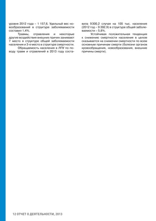 12 ОТЧЕТ О ДЕЯТЕЛЬНОСТИ, 2013
уровня 2012 года – 1 157,6. Удельный вес но-
вообразований в структуре заболеваемости
составил 1,4%.
Травмы, отравления и некоторые
другие воздействия внешних причин занимают
7 место в структуре общей заболеваемости
населения и 3-е место в структуре смертности.
Обращаемость населения в ЛПУ по по-
воду травм и отравлений в 2013 году соста-
вила 9 300,2 случая на 100 тыс. населения
(2012 год – 9  392,9) в структуре общей заболе-
ваемости – 5,8%.
Устойчивая положительная тенденция
к снижению смертности населения в целом
сказывается на снижении смертности по всем
основным причинам смерти (болезни органов
кровообращения, новообразования, внешние
причины смерти).
 