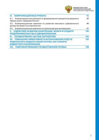 3
IX.  КОММУНИКАЦИОННЫЕ ПРОЕКТЫ 94
9.1.  Коммуникационная кампания по формированию приоритетов здорового
образа жизни «Здоровая Россия»
95
9.2.  Коммуникационная кампания по развитию массового добровольного
донорства крови и ее компонентов
96
9.3.  Коммуникационная кампания по пропаганде диспансеризации 97
X.  СОДЕЙСТВИЕ РАЗВИТИЮ КОНКУРЕНЦИИ, МАЛОГО И СРЕДНЕГО
ПРЕДПРИНИМАТЕЛЬСТВА В ЗДРАВООХРАНЕНИИ
100
XI.  ГОСУДАРСТВЕННО-ЧАСТНОЕ ПАРТНЕРСТВО 102
XII.  ПОВЫШЕНИЕ ЭФФЕКТИВНОСТИ ИСПОЛЬЗОВАНИЯ СРЕДСТВ
ФЕДЕРАЛЬНОГО БЮДЖЕТА МИНИСТЕРСТВА, КАК СУБЪЕКТА
БЮДЖЕТНОГО ПЛАНИРОВАНИЯ
105
XIII.  СОВЕРШЕНСТВОВАНИЕ ГОСУДАРСТВЕННОЙ СЛУЖБЫ 108
 