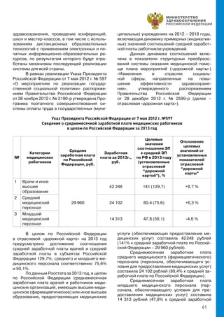 61
здравоохранения, проведение конференций,
школ и мастер-классов, в том числе с исполь-
зованием дистанционных образовательных
технологий с применением электронных и пе-
чатных информационно-образовательных ре-
сурсов, по результатам которого будут отра-
ботаны механизмы последующей реализации
системы для всей страны.
В рамках реализации Указа Президента
Российской Федерации от 7 мая 2012 г. № 597
«О мероприятиях по реализации государ-
ственной социальной политики» распоряже-
нием Правительства Российской Федерации
от 26 ноября 2012 г. № 2190-р утверждена Про-
грамма поэтапного совершенствования си-
стемы оплаты труда в государственных (муни-
ципальных) учреждениях на 2012 – 2018 годы,
включающая динамику примерных (индикатив-
ных) значений соотношений средней заработ-
ной платы работников учреждений.
Данная динамика соотношений вклю-
чена в показатели структурных преобразо-
ваний системы оказания медицинской помо-
щи плана мероприятий («дорожной карты»)
«Изменения в отраслях социаль-
ной сферы, направленные на повы-
шение эффективности здравоохране-
ния», утвержденного распоряжением
Правительства Российской Федерации
от 28 декабря 2012 г. № 2599-р (далее –
отраслевая «дорожная карта»).
Указ Президента Российской Федерации от 7 мая 2012 г. №597
Сведения о среднемесячной заработной плате медицинских работников
в целом по Российской Федерации за 2013 год
№
Категории
медицинских
работников
Средняя
заработная плата
по Российской
Федерации, руб.
Заработная
плата за 2013г.,
руб.
Целевые
значения
соотношения ЗП
к средней ЗП
по РФ в 2013 году
(установленные
отраслевой
“дорожной
картой”), %
Отклонение
целевых
значений от
установленных
показателей
отраслевой
“дорожной
карты”
1 Врачи и иное
высшее
образование
29 960
42 248 141 (129,7) +8,7 %
2 Средний
медицинский
персонал
24 102 80,4 (75,6) +6,3 %
3 Младший
медицинский
персонал
14 313 47,8 (50,1) -4,6 %
В целом по Российской Федерации
в отраслевой «дорожной карте» на 2013 год
предусмотрено достижение соотношения
средней заработной платы врачей и средней
заработной платы в субъектах Российской
Федерации 129,7%, среднего и младшего ме-
дицинского персонала соответственно 75,6%
и 50,1%.
По данным Росстата за 2013 год, в целом
по Российской Федерации среднемесячная
заработная плата врачей и работников меди-
цинских организаций, имеющих высшее меди-
цинское (фармацевтическое) или иное высшее
образование, предоставляющих медицинские
услуги (обеспечивающих предоставление ме-
дицинских услуг) составила 42 248 рублей
(141% к средней заработной плате по Россий-
ской Федерации – 29 960 рублей).
Среднемесячная заработная плата
среднего медицинского (фармацевтического)
персонала (персонала, обеспечивающего ус-
ловия для предоставления медицинских услуг)
составила 24 102 рублей (80,4% к средней за-
работной плате по Российской Федерации).
Среднемесячная заработная плата
младшего медицинского персонала (пер-
сонала, обеспечивающего условия для пре-
доставления медицинских услуг) составила
14 313 рублей (47,8% к средней заработной
 
