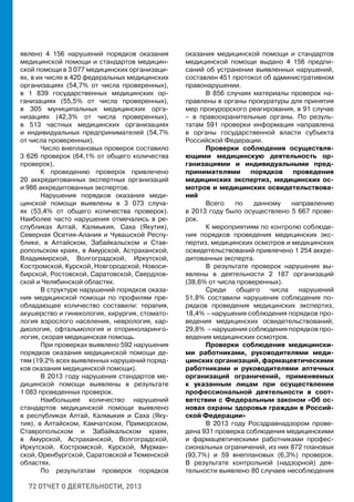 72 ОТЧЕТ О ДЕЯТЕЛЬНОСТИ, 2013
явлено 4 156 нарушений порядков оказания
медицинской помощи и стандартов медицин-
ской помощи в 3 077 медицинских организаци-
ях, в их числе в 420 федеральных медицинских
организациях (54,7% от числа проверенных),
в 1 839 государственных медицинских ор-
ганизациях (55,5% от числа проверенных),
в 305 муниципальных медицинских орга-
низациях (42,3% от числа проверенных),
в 513 частных медицинских организациях
и индивидуальных предпринимателей (54,7%
от числа проверенных).
Число внеплановых проверок составило
3 626 проверок (64,1% от общего количества
проверок).
К проведению проверок привлечено
20 аккредитованных экспертных организаций
и 986 аккредитованных экспертов.
Нарушения порядков оказания меди-
цинской помощи выявлены в 3 073 случа-
ях (53,4% от общего количества проверок).
Наиболее часто нарушения отмечались в ре-
спубликах Алтай, Калмыкия, Саха (Якутия),
Северная Осетия-Алания и Чувашской Респу-
блике, в Алтайском, Забайкальском и Став-
ропольском краях, в Амурской, Астраханской,
Владимирской, Волгоградской, Иркутской,
Костромской, Курской, Новгородской, Новоси-
бирской, Ростовской, Саратовской, Свердлов-
ской и Челябинской областях.
В структуре нарушений порядков оказа-
ния медицинской помощи по профилям пре-
обладающее количество составили: терапия,
акушерство и гинекология, хирургия, стомато-
логия взрослого населения, неврология, кар-
диология, офтальмология и оториноларинго-
логия, скорая медицинская помощь.
При проверках выявлено 592 нарушения
порядков оказания медицинской помощи де-
тям (19,2% всех выявленных нарушений поряд-
ков оказания медицинской помощи).
В 2013 году нарушения стандартов ме-
дицинской помощи выявлены в результате
1 083 проведенных проверок.
Наибольшее количество нарушений
стандартов медицинской помощи выявлено
в республиках Алтай, Калмыкия и Саха (Яку-
тия), в Алтайском, Камчатском, Приморском,
Ставропольском и Забайкальском краях,
в Амурской, Астраханской, Волгоградской,
Иркутской, Костромской, Курской, Мурман-
ской, Оренбургской, Саратовской и Тюменской
областях.
По результатам проверок порядков
оказания медицинской помощи и стандартов
медицинской помощи выдано 4 156 предпи-
саний об устранении выявленных нарушений,
составлен 451 протокол об административном
правонарушении.
В 856 случаях материалы проверок на-
правлены в органы прокуратуры для принятия
мер прокурорского реагирования, в 91 случае
– в правоохранительные органы. По резуль-
татам 591 проверки информация направлена
в органы государственной власти субъекта
Российской Федерации.
Проверки соблюдения осуществля-
ющими медицинскую деятельность ор-
ганизациями и индивидуальными пред-
принимателями порядков проведения
медицинских экспертиз, медицинских ос-
мотров и медицинских освидетельствова-
ний
Всего по данному направлению
в 2013 году было осуществлено 5 667 прове-
рок.
К мероприятиям по контролю соблюде-
ния порядков проведения медицинских экс-
пертиз, медицинских осмотров и медицинских
освидетельствований привлечено 1 254 аккре-
дитованных эксперта.
В результате проверок нарушения вы-
явлены в деятельности 2 187 организаций
(38,6% от числа проверенных).
Среди общего числа нарушений
51,8% составили нарушения соблюдения по-
рядков проведения медицинских экспертиз,
18,4% – нарушения соблюдения порядков про-
ведения медицинских освидетельствований,
29,8% – нарушения соблюдения порядков про-
ведения медицинских осмотров.
Проверки соблюдения медицински-
ми работниками, руководителями меди-
цинских организаций, фармацевтическими
работниками и руководителями аптечных
организаций ограничений, применяемых
к указанным лицам при осуществлении
профессиональной деятельности в соот-
ветствии с Федеральным законом «Об ос-
новах охраны здоровья граждан в Россий-
ской Федерации»
В 2013 году Росздравнадзором прове-
дена 931 проверка соблюдения медицинскими
и фармацевтическими работниками профес-
сиональных ограничений, из них 872 плановых
(93,7%) и 59 внеплановых (6,3%) проверок.
В результате контрольной (надзорной) дея-
тельности выявлено 80 случаев несоблюдения
 