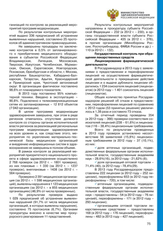 75
ганизаций по контролю за реализацией меро-
приятий программ модернизации.
По результатам контрольных меропри-
ятий выдано 336 предписаний об устранении
выявленных нарушений, составлено 25 прото-
колов об административном правонарушении.
Не завершены процедуры по заключе-
нию контрактов в 0,5% от запланированно-
го к приобретению медицинского оборудо-
вания в субъектах Российской Федерации:
Владимирская, Липецкая, Московская,
Тверская, Иркутская, Челябинская, Мурман-
ская, Омская, Саратовская, Новгородская,
Псковская, Оренбургская и области, г. Москва,
республики Башкортостан, Кабардино-Бал-
карская, Татарстан, Адыгея, Краснодарский
и Приморский края, Чукотский автономный
округ. В организации фактически поставлено
98,6% от планируемого показателя.
В 2013 году поставлено 95% компью-
терной техники. Введено в эксплуатацию –
90,8%. Подключено к телекоммуникационным
сетям из запланированных – 12 812 объектов
(7 042 организации).
В целом программа модернизации
здравоохранения завершена, при этом в ряде
регионов отмечалось отсутствие должного
контроля со стороны органов исполнительной
власти регионов за реализацией региональных
программ модернизации здравоохранения
на всех уровнях и, как следствие этого, ме-
роприятия по укреплению материально-тех-
нической базы медицинских организаций
и внедрению информационных систем в здра-
воохранение не завершены в полном объеме.
В рамках контроля за реализацией ме-
роприятий приоритетного национального про-
екта в сфере здравоохранения осуществлено
2 768 проверок (за 2012 г. – 1801 проверка),
из них плановые – 1 330 (за 2012 г. – 1237
проверок), внеплановые – 1438 (за 2012 г. –
564 проверки).
Проверено 2 391 медицинская организа-
ция (за 2012 г. – 1 598 медицинских организа-
ций),выявленынарушенияв1123медицинских
организациях (за 2012 г. – в 855 медицинских
организациях) (46,9% от числа проверенных).
По результатам проверок выдано
1 029 предписаний об устранении выявлен-
ных нарушений (91,7% от числа медицинских
организаций, в которых выявлены нарушения),
составлено 75 протоколов (6,7%). Органами
прокуратуры внесено в качестве мер проку-
рорского реагирования 11 представлений.
Результаты контрольных мероприятий
направлены в прокуратуру субъекта Россий-
ской Федерации – 232 (в 2012 г. - 230), в ор-
ганы государственной власти субъекта Рос-
сийской Федерации – 435 (в 2012 г. - 376),
в прочие организации (Минобороны Рос-
сии, Роспотребнадзор, ФМБА России и др.) –
110 (в 2012 г. - 132).
Государственный контроль при обра-
щении лекарственных средств
Лицензирование фармацевтической
деятельности
В Росздравнадзор в 2013 году с заявле-
ниями о предоставлении и переоформлении
лицензий на осуществление фармацевтиче-
ской деятельности о прекращении действия
лицензии и о выдаче дубликата лицензии об-
ратились 1 234 соискателя лицензий (лицензи-
атов) (в 2012 году – 1 401 соискатель лицензий
(лицензиатов).
Общее количество принятых Росздрав-
надзором решений об отказе в предоставле-
нии, переоформлении лицензий по сравнению
с 2012 годом (53 принятых решения) увеличи-
лось в 1,38 раза и составило 73 отказа.
За отчетный период проведены 354
(в 2012 году – 366) проверки соответствия со-
искателей лицензий (238 – 61,6%) и лицензиа-
тов (116 – 38,4%) лицензионным требованиям.
Всего по результатам проведенных
в 2013 году проверок установлено несоот-
ветствие 56 заявителей (15,8%) лицензион-
ным требованиям (в 2012 году – 37 (10,1%),
из них:
 доля аптечных организаций, подве-
домственных федеральным органам исполни-
тельной власти, государственным академиям
наук – 28,6%(16), (в 2012 году - 21,62% (8);
 доля организаций оптовой торговли –
71,4% (40), (в 2012 году - 78,4%(29).
В 2013 году Росздравнадзором предо-
ставлены 222 лицензии (в 2012 году – 252 ли-
цензии), переоформлены 653 (в 2012 году пе-
реоформлены – 720), в том числе:
 аптечным организациям, подведом-
ственным федеральным органам исполни-
тельной власти, государственным академиям
наук – предоставлены - 54 (в 2012 году – 76 ли-
цензий), переоформлены - 171 (в 2012 году –
293 лицензии);
 организациям оптовой торговли ле-
карственными средствами – предоставлены
168 (в 2012 году – 176 лицензий), переоформ-
лены – 482 (в 2012 году – 427 лицензий).
 