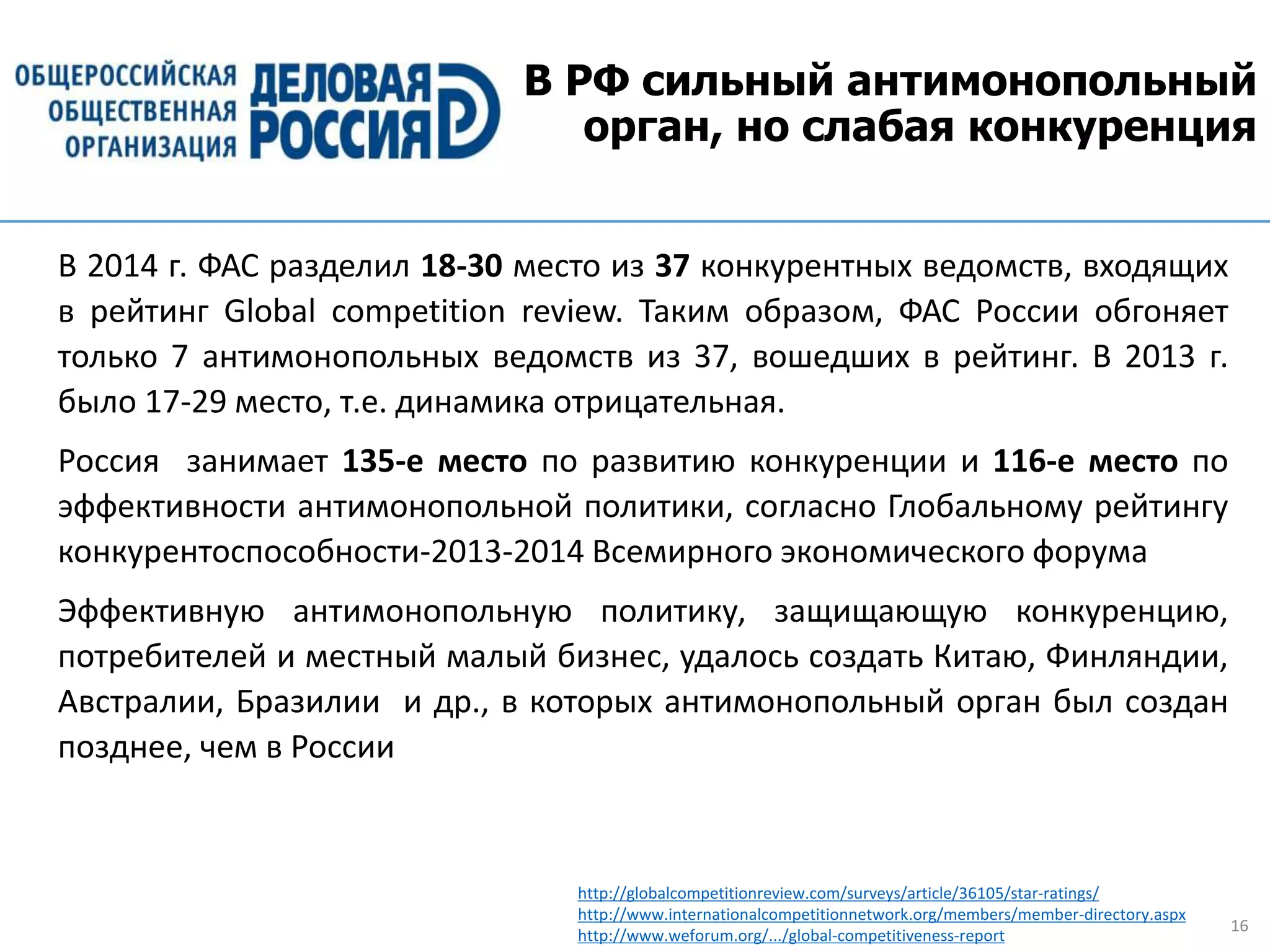 16
В РФ сильный антимонопольный
орган, но слабая конкуренция
В 2014 г. ФАС разделил 18-30 место из 37 конкурентных ведомств, входящих
в рейтинг Global competition review. Таким образом, ФАС России обгоняет
только 7 антимонопольных ведомств из 37, вошедших в рейтинг. В 2013 г.
было 17-29 место, т.е. динамика отрицательная.
Россия занимает 135-е место по развитию конкуренции и 116-е место по
эффективности антимонопольной политики, согласно Глобальному рейтингу
конкурентоспособности-2013-2014 Всемирного экономического форума
Эффективную антимонопольную политику, защищающую конкуренцию,
потребителей и местный малый бизнес, удалось создать Китаю, Финляндии,
Австралии, Бразилии и др., в которых антимонопольный орган был создан
позднее, чем в России
http://globalcompetitionreview.com/surveys/article/36105/star-ratings/
http://www.internationalcompetitionnetwork.org/members/member-directory.aspx
http://www.weforum.org/.../global-competitiveness-report
 