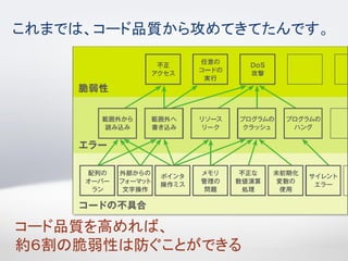 これまでは、コード品質から攻めてきてたんです。




コード品質を高めれば、
約６割の脆弱性は防ぐことができる
5   © 2011 Forrester Research, Inc. Reproduction Prohibited
 