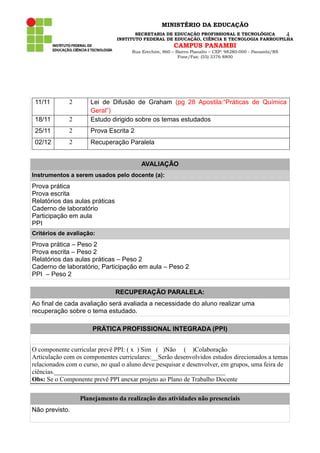MINISTÉRIO DA EDUCAÇÃO
SECRETARIA DE EDUCAÇÃO PROFISSIONAL E TECNOLÓGICA
4
INSTITUTO FEDERAL DE EDUCAÇÃO, CIÊNCIA E TECNOLOGIA FARROUPILHA

CAMPUS PANAMBI

Rua Erechim, 860 – Bairro Planalto – CEP: 98280-000 - Panambi/RS
Fone/Fax: (55) 3376 8800

11/11

2

18/11

2

Lei de Difusão de Graham (pg 28 Apostila:“Práticas de Química
Geral”)
Estudo dirigido sobre os temas estudados

25/11

2

Prova Escrita 2

02/12

2

Recuperação Paralela
AVALIAÇÃO

Instrumentos a serem usados pelo docente (a):

Prova prática
Prova escrita
Relatórios das aulas práticas
Caderno de laboratório
Participação em aula
PPI
Critérios de avaliação:

Prova prática – Peso 2
Prova escrita – Peso 2
Relatórios das aulas práticas – Peso 2
Caderno de laboratório, Participação em aula – Peso 2
PPI – Peso 2
RECUPERAÇÃO PARALELA:
Ao final de cada avaliação será avaliada a necessidade do aluno realizar uma
recuperação sobre o tema estudado.
PRÁTICA PROFISSIONAL INTEGRADA (PPI)
O componente curricular prevê PPI: ( x ) Sim ( )Não ( )Colaboração
Articulação com os componentes curriculares:__Serão desenvolvidos estudos direcionados a temas
relacionados com o curso, no qual o aluno deve pesquisar e desenvolver, em grupos, uma feira de
ciências._____________________________________________________
Obs: Se o Componente prevê PPI anexar projeto ao Plano de Trabalho Docente
Planejamento da realização das atividades não presenciais
Não previsto.

 