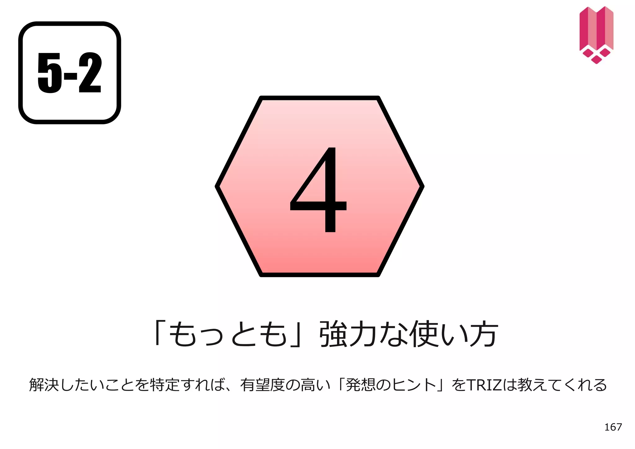 5-2




       「もっとも」強⼒な使い⽅
解決したいことを特定すれば、有望度の⾼い「発想のヒント」をTRIZは教えてくれる

                                       167
 
