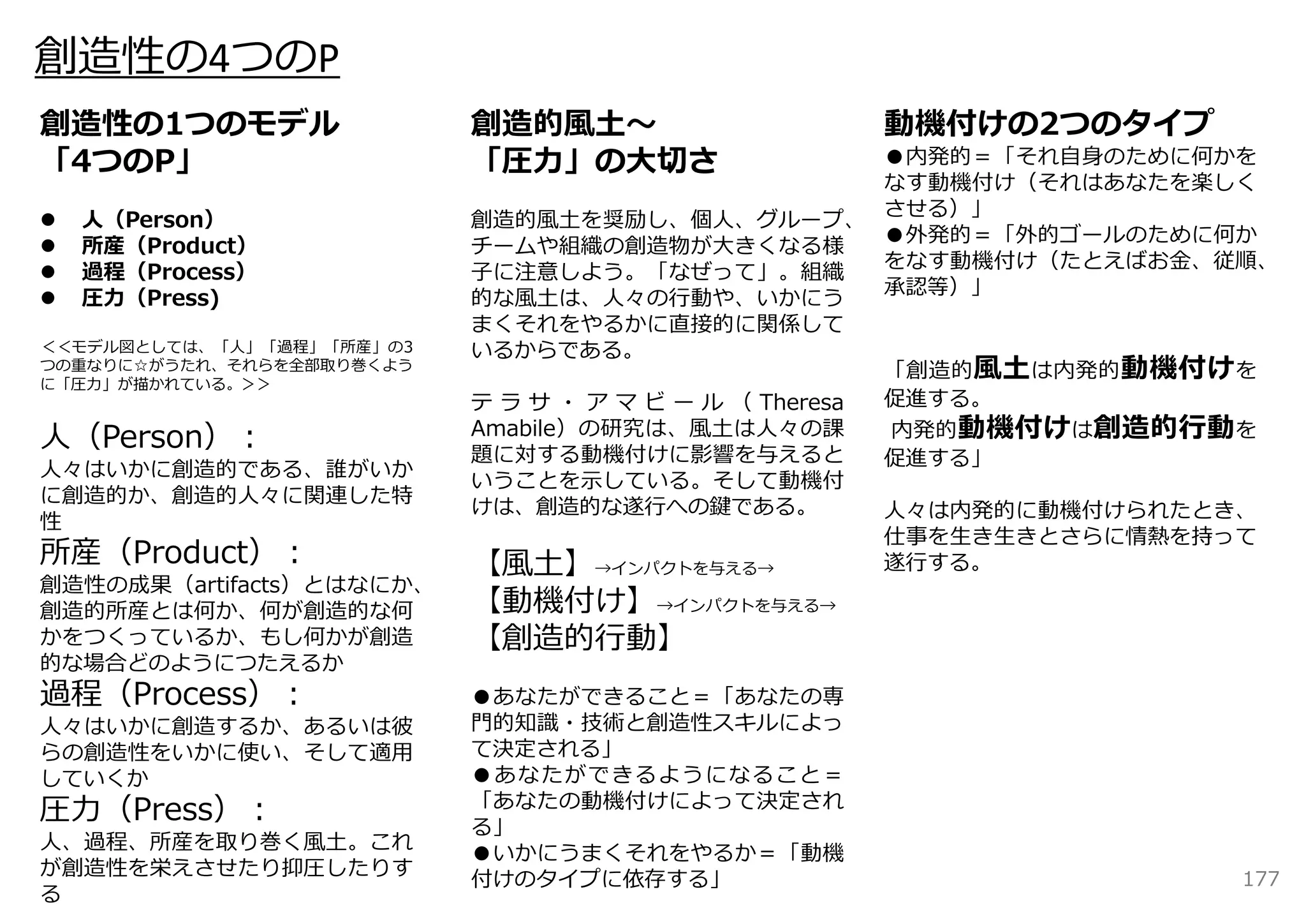 創造性の4つのP
創造性の1つのモデル                 創造的⾵⼟〜                  動機付けの2つのタイプ
「4つのP」                     「圧⼒」の⼤切さ                    ●内発的＝「それ⾃⾝のために何かを
                                                       なす動機付け（それはあなたを楽しく
                                                       させる）」
   ⼈（Person）              創造的⾵⼟を奨励し、個⼈、グループ、
                                                       ●外発的＝「外的ゴールのために何か
   所産（Product）            チームや組織の創造物が⼤きくなる様
                                                       をなす動機付け（たとえばお⾦、従順、
   過程（Process）            ⼦に注意しよう。「なぜって」。組織
                                                       承認等）」
   圧⼒（Press)              的な⾵⼟は、⼈々の⾏動や、いかにう
                           まくそれをやるかに直接的に関係して
＜＜モデル図としては、「⼈」「過程」「所産」の3   いるからである。
つの重なりに☆がうたれ、それらを全部取り巻くよう                               「創造的 ⾵⼟ は内発的 動機付け を
に「圧⼒」が描かれている。＞＞
                           テ ラ サ ・ ア マ ビ ー ル （ Theresa 促進する。
⼈（Person）：                 Amabile）の研究は、⾵⼟は⼈々の課        内発的動機付けは創造的⾏動を
                           題に対する動機付けに影響を与えると           促進する」
⼈々はいかに創造的である、誰がいか
                           いうことを⽰している。そして動機付
に創造的か、創造的⼈々に関連した特
                           けは、創造的な遂⾏への鍵である。            ⼈々は内発的に動機付けられたとき、
性
                                                       仕事を⽣き⽣きとさらに情熱を持って
所産（Product）：               【⾵⼟】→インパクトを与える→             遂⾏する。
創造性の成果（artifacts）とはなにか、
創造的所産とは何か、何が創造的な何          【動機付け】→インパクトを与える→
かをつくっているか、もし何かが創造          【創造的⾏動】
的な場合どのようにつたえるか
過程（Process）：               ●あなたができること＝「あなたの専
⼈々はいかに創造するか、あるいは彼          ⾨的知識・技術と創造性スキルによっ
らの創造性をいかに使い、そして適⽤          て決定される」
していくか                      ●あなたができるようになること＝
                           「あなたの動機付けによって決定され
圧⼒（Press）：                 る」
⼈、過程、所産を取り巻く⾵⼟。これ
                           ●いかにうまくそれをやるか＝「動機
が創造性を栄えさせたり抑圧したりす
                           付けのタイプに依存する」                                177
る
 