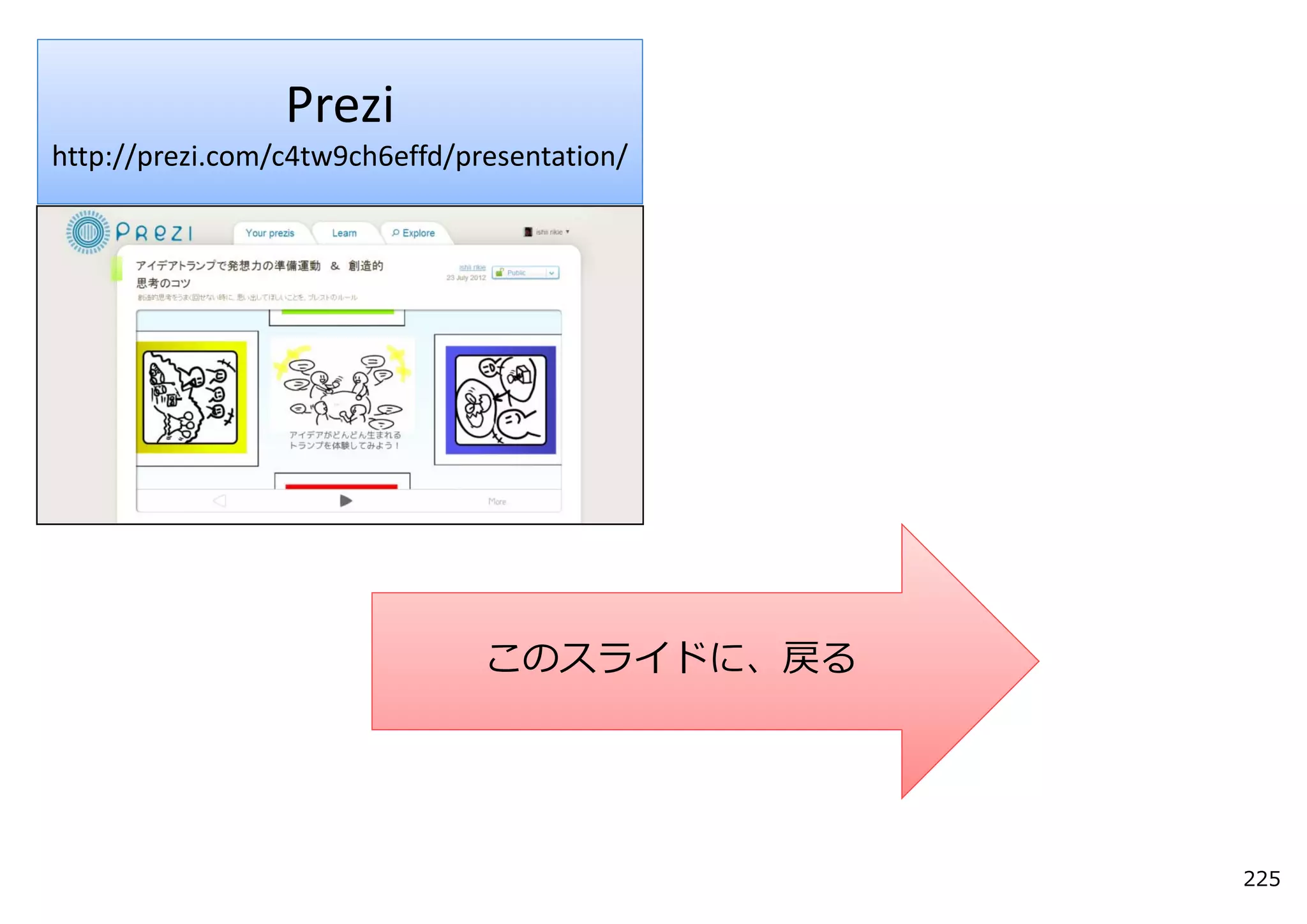 Prezi
http://prezi.com/c4tw9ch6effd/presentation/




                                このスライドに、戻る




                                              225
 