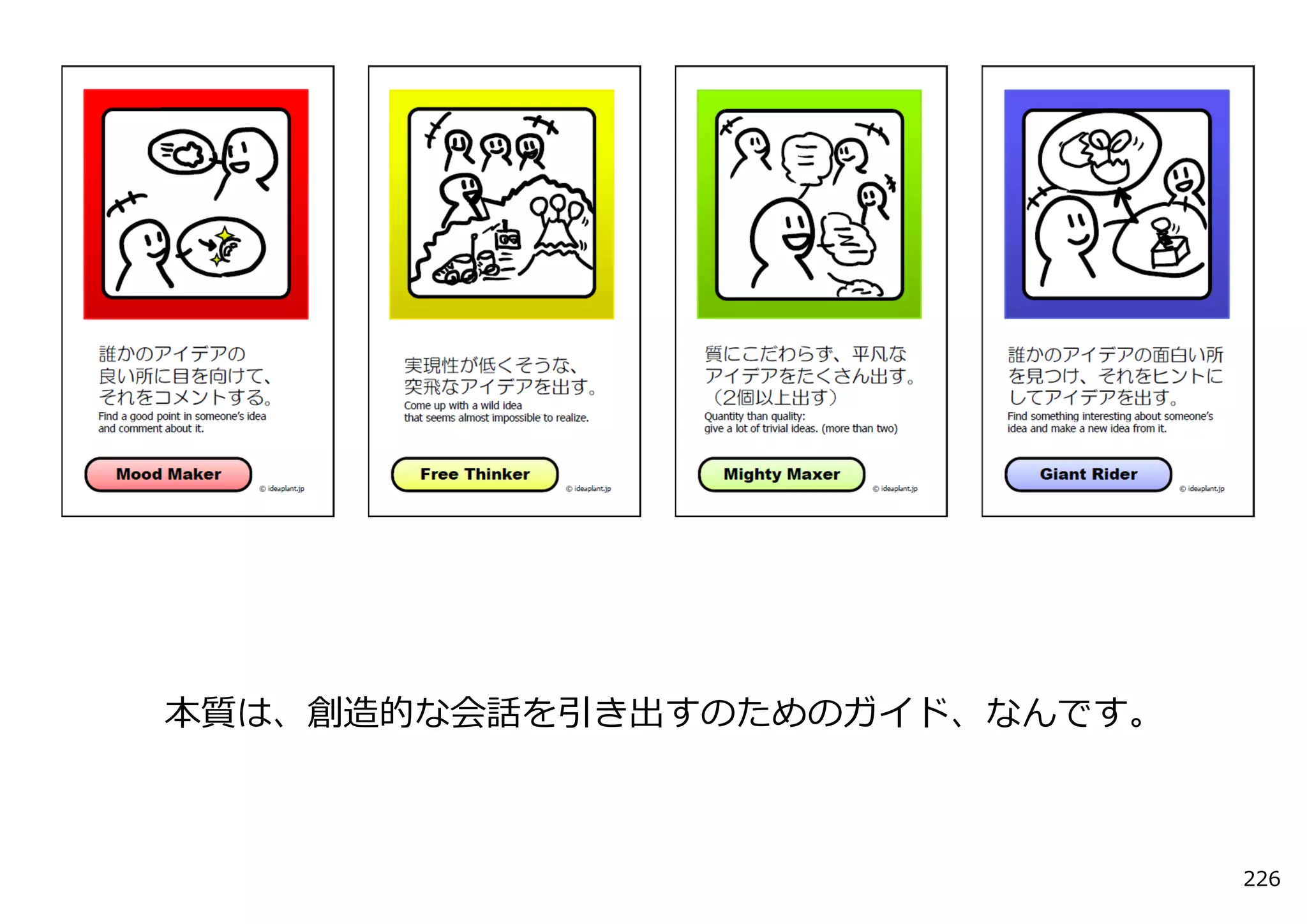 本質は、創造的な会話を引き出すのためのガイド、なんです。



                               226
 