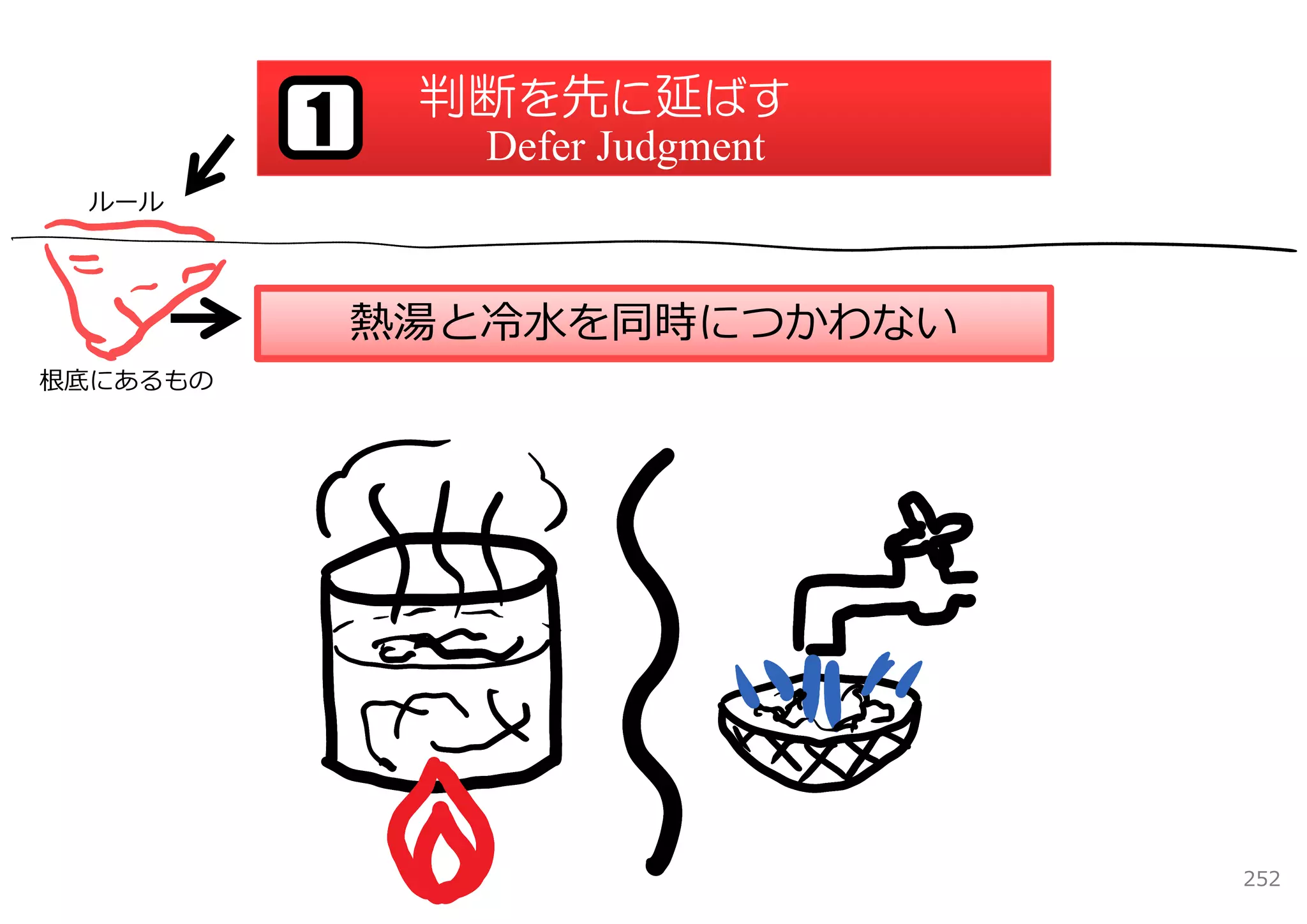判断を先に延ばす
          1      Defer Judgment
  ルール




              熱湯と冷⽔を同時につかわない
根底にあるもの




                                  252
 