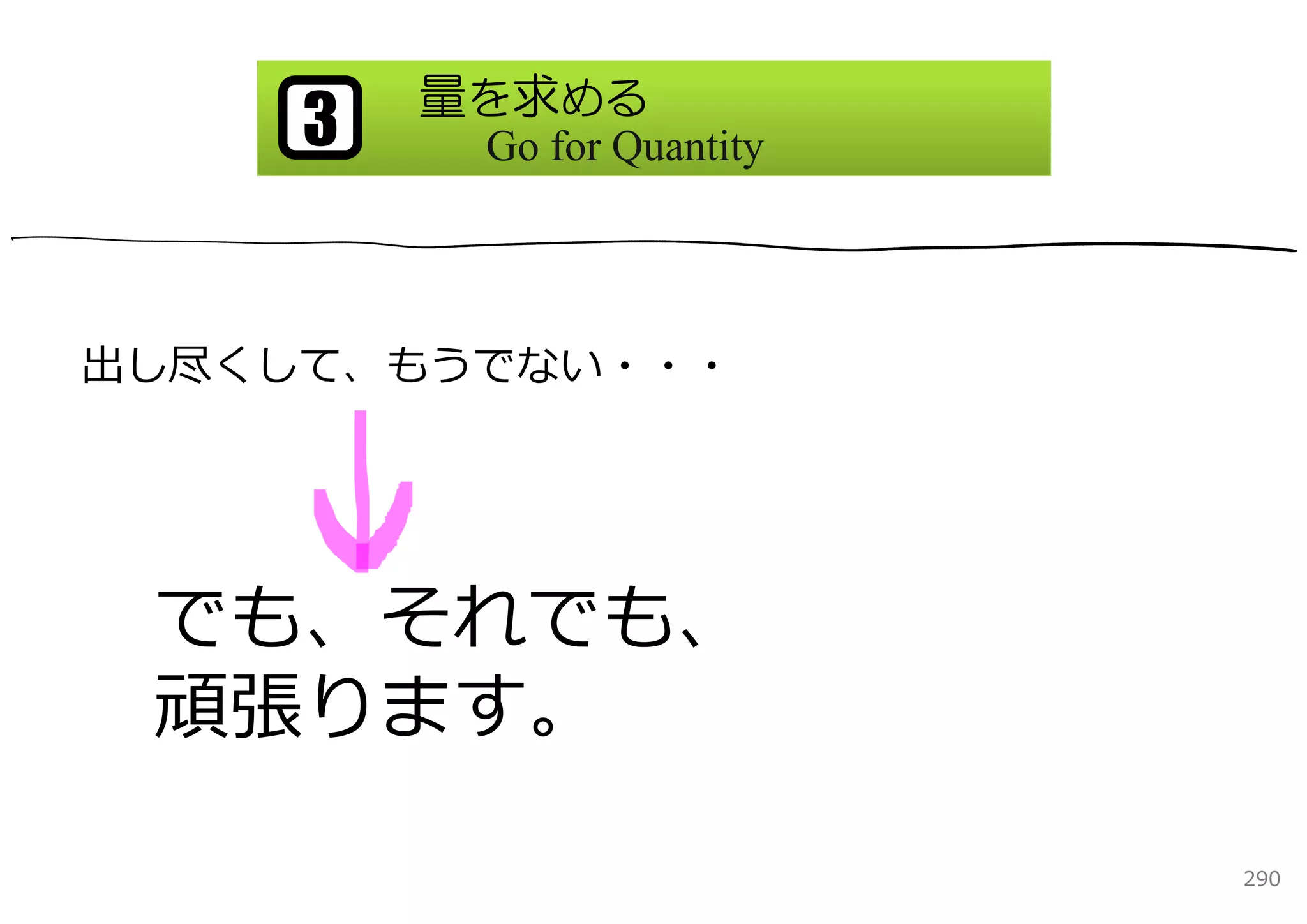 量を求める
     3    Go for Quantity




出し尽くして、もうでない・・・




 でも、それでも、
 頑張ります。

                            290
 