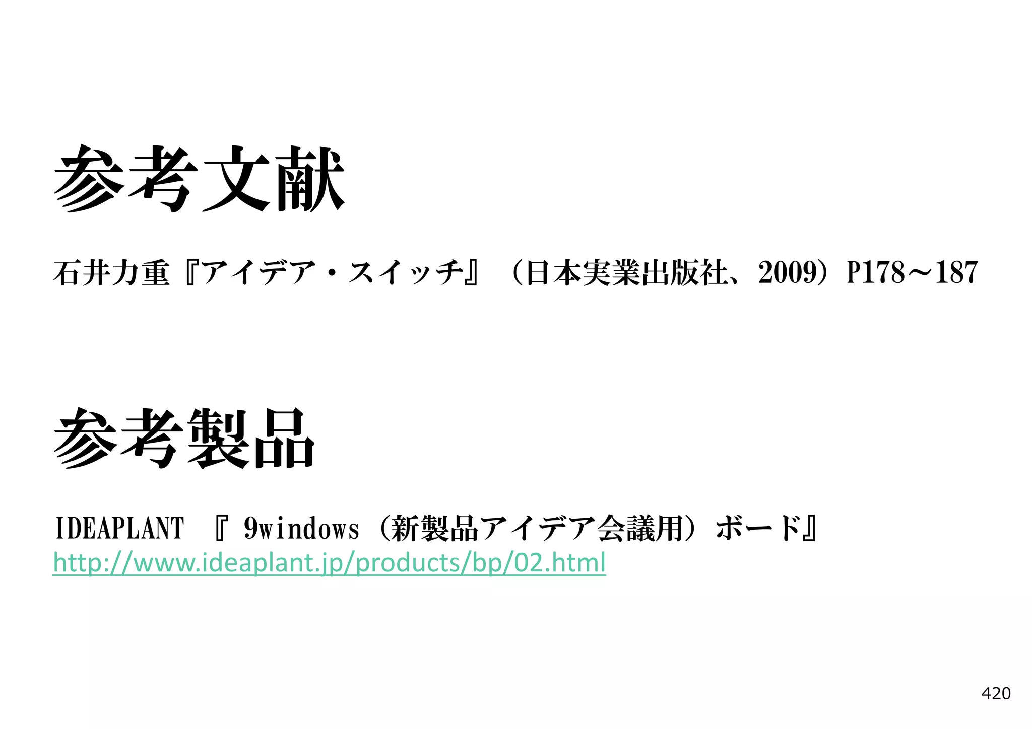 参考文献
石井力重『アイデア・スイッチ』（日本実業出版社、2009）P178～187




参考製品
IDEAPLANT 『 9windows（新製品アイデア会議用）ボード』
http://www.ideaplant.jp/products/bp/02.html



                                              420
 