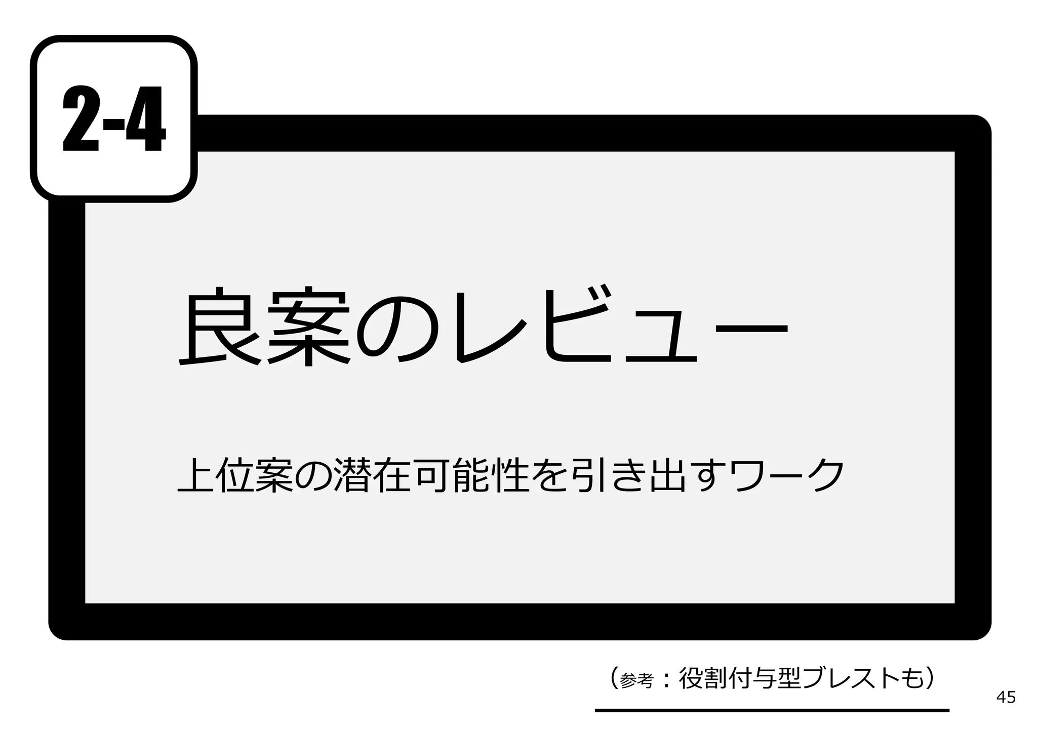 2-4

      良案のレビュー
      上位案の潜在可能性を引き出すワーク




                （参考：役割付与型ブレストも）
                                  45
                ━━━━━━━━━━━━
 