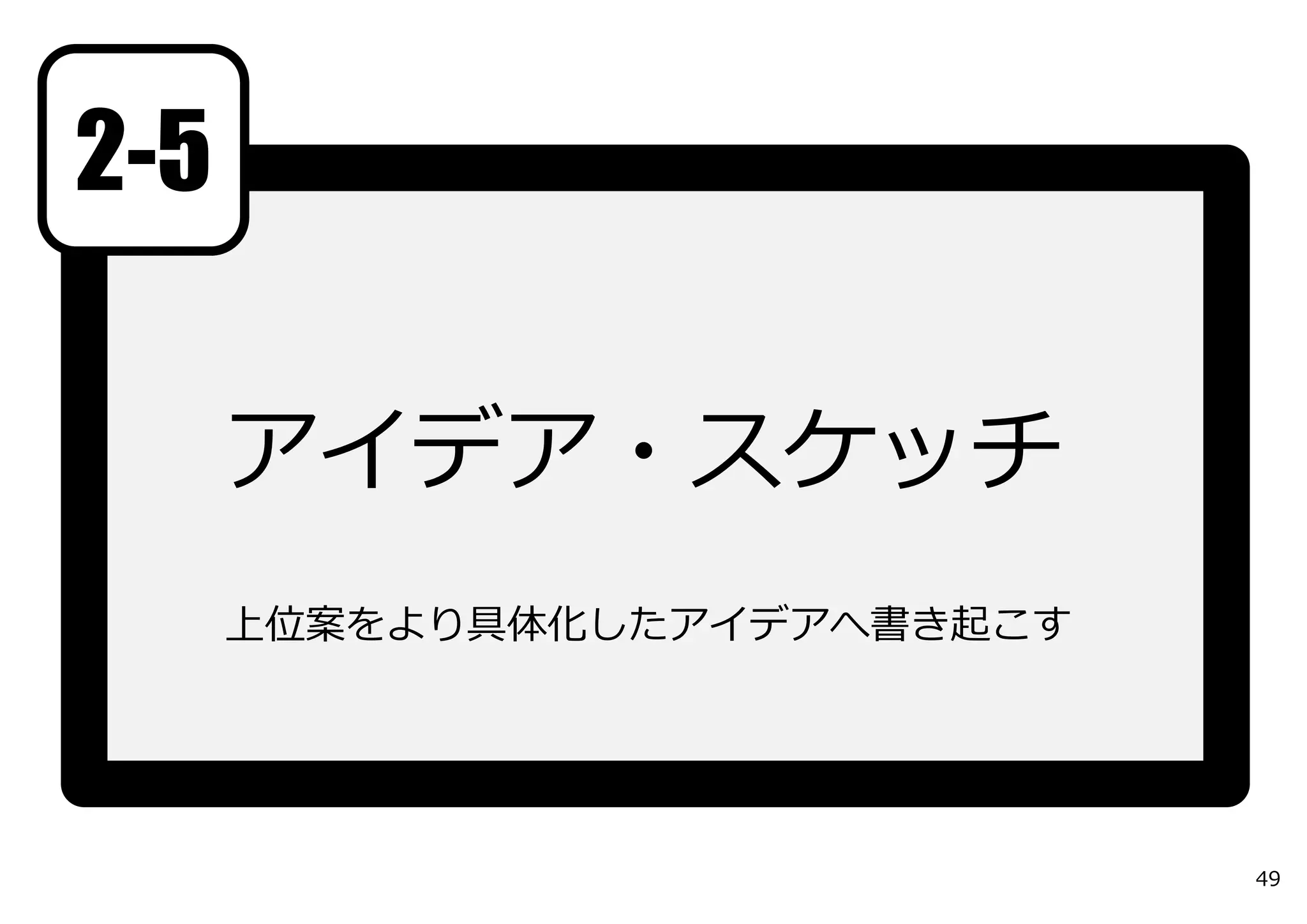 2-5

      アイデア・スケッチ
      上位案をより具体化したアイデアへ書き起こす




                              49
 