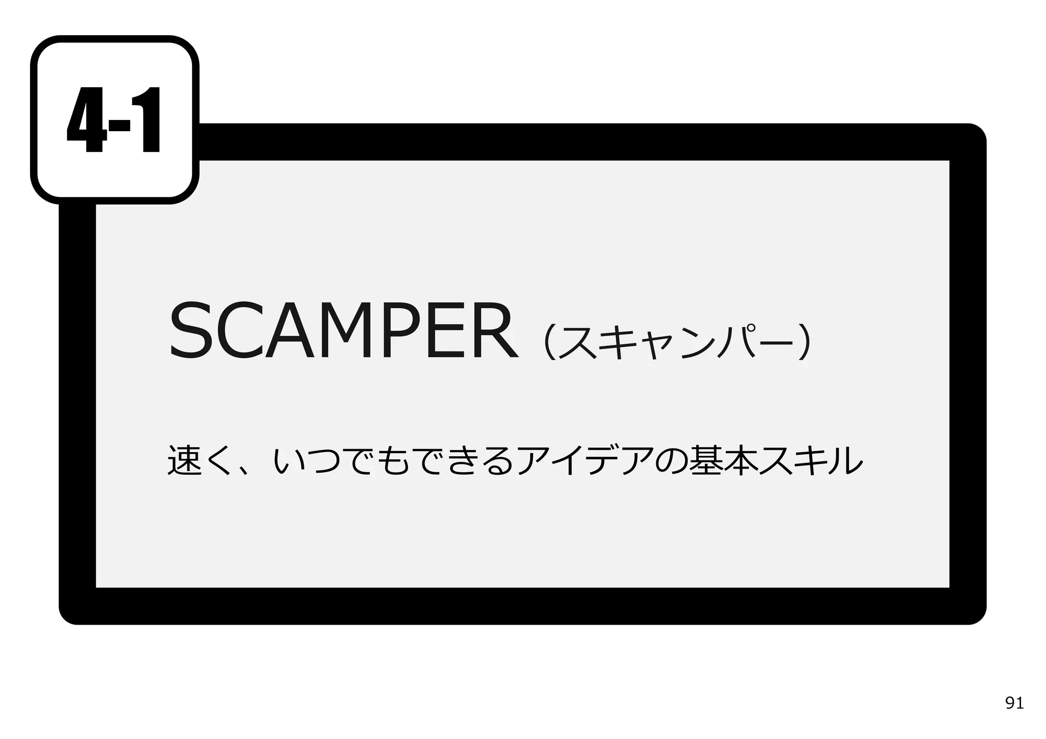 4-1

      SCAMPER（スキャンパー）
      速く、いつでもできるアイデアの基本スキル




                             91
 