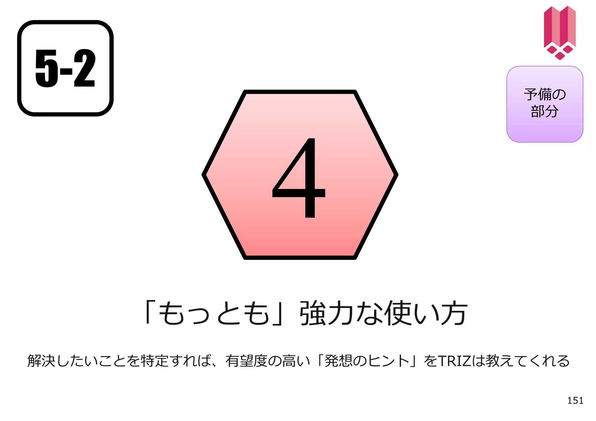 5-2                                 予備の
                                    部分




       「もっとも」強⼒な使い⽅
解決したいことを特定すれば、有望度の⾼い「発想のヒント」をTRIZは教えてくれる

                                          151
 