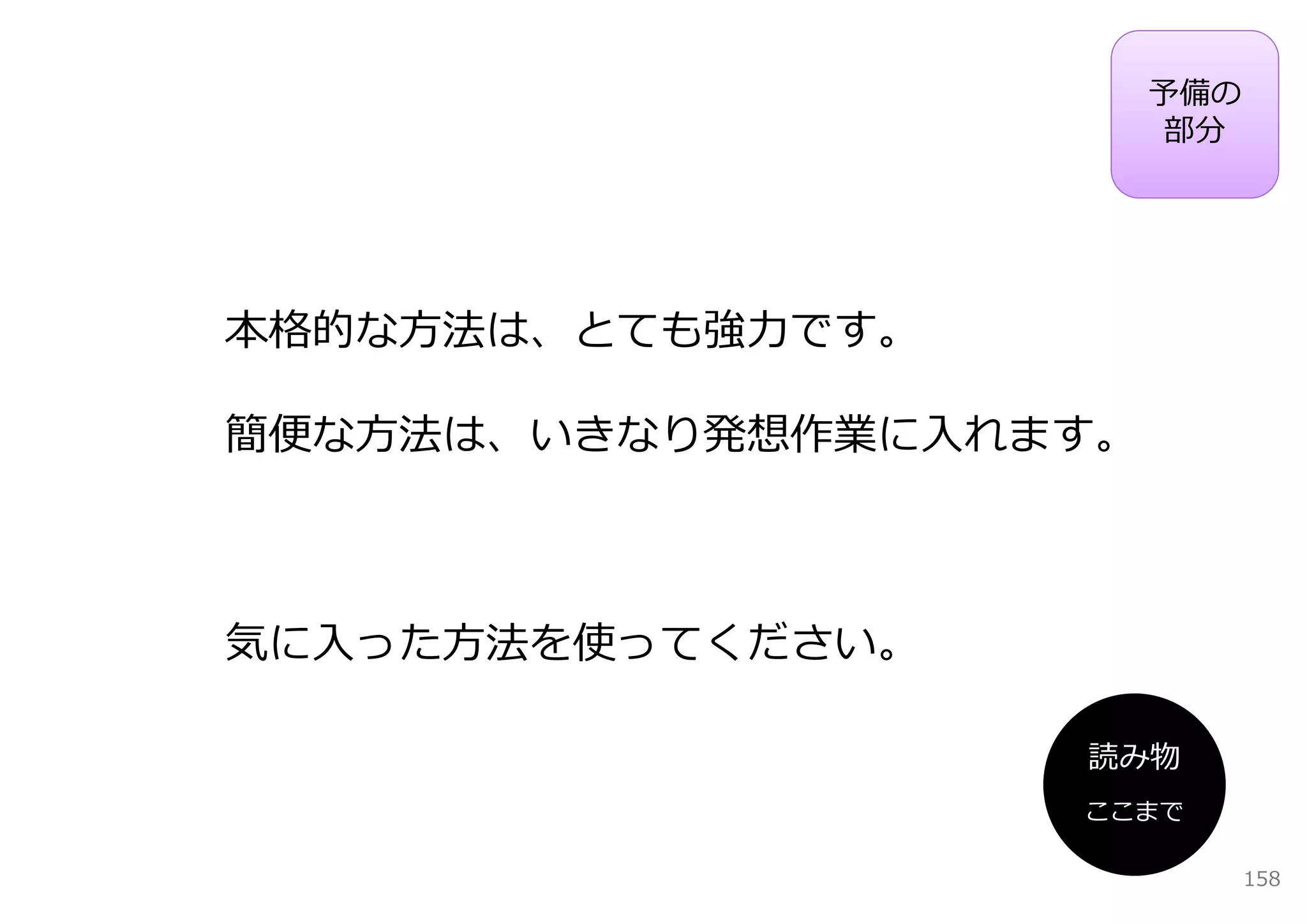 予備の
                        部分




本格的な⽅法は、とても強⼒です。

簡便な⽅法は、いきなり発想作業に⼊れます。



気に⼊った⽅法を使ってください。

                   読み物
                   ここまで

                              158
 