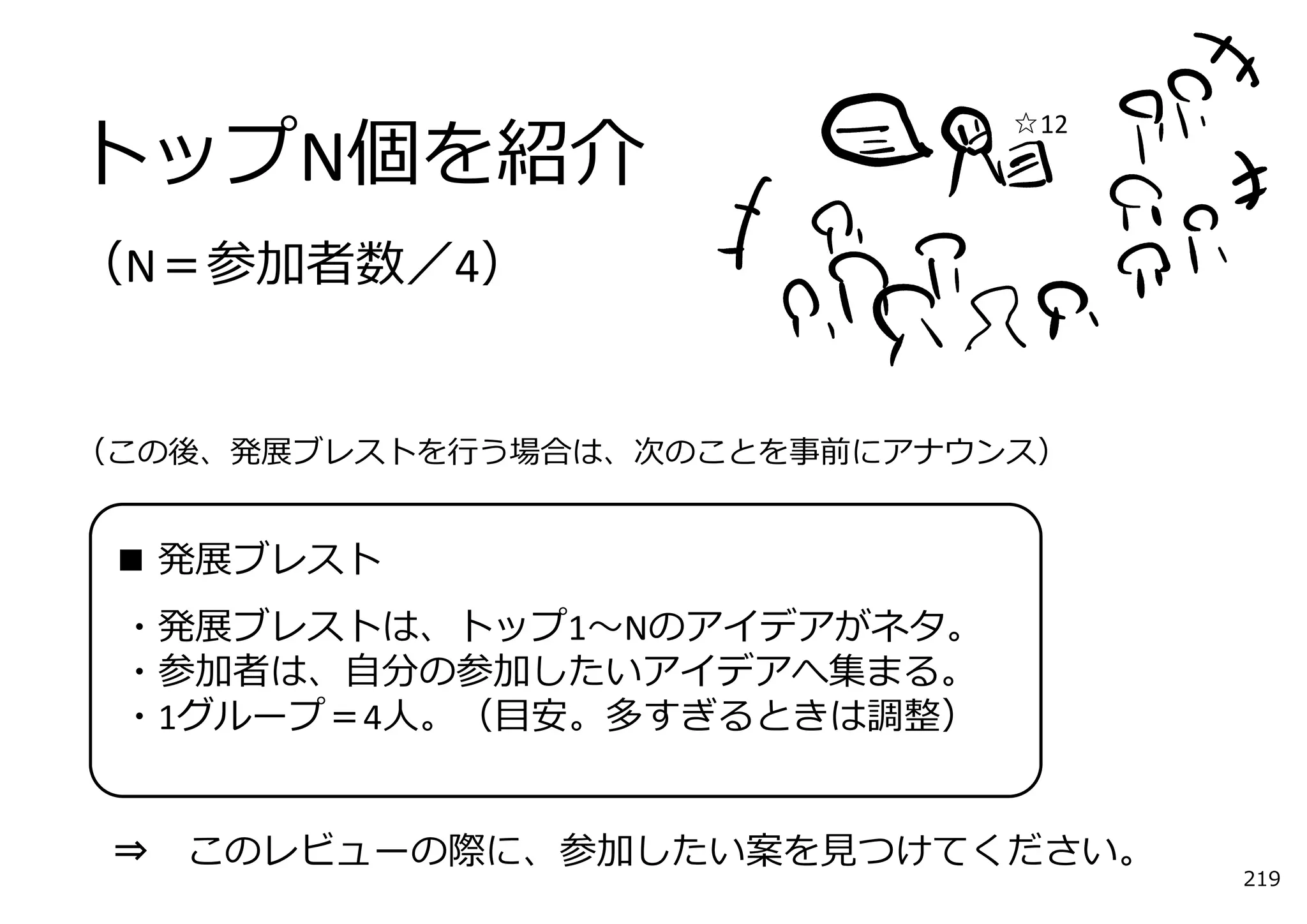 トップN個を紹介
                              ☆12




（N＝参加者数／4）


（この後、発展ブレストを⾏う場合は、次のことを事前にアナウンス）


 ■ 発展ブレスト
 ・発展ブレストは、トップ1〜Nのアイデアがネタ。
 ・参加者は、⾃分の参加したいアイデアへ集まる。
 ・1グループ＝4⼈。（⽬安。多すぎるときは調整）


 ⇒   このレビューの際に、参加したい案を⾒つけてください。
                                    219
 