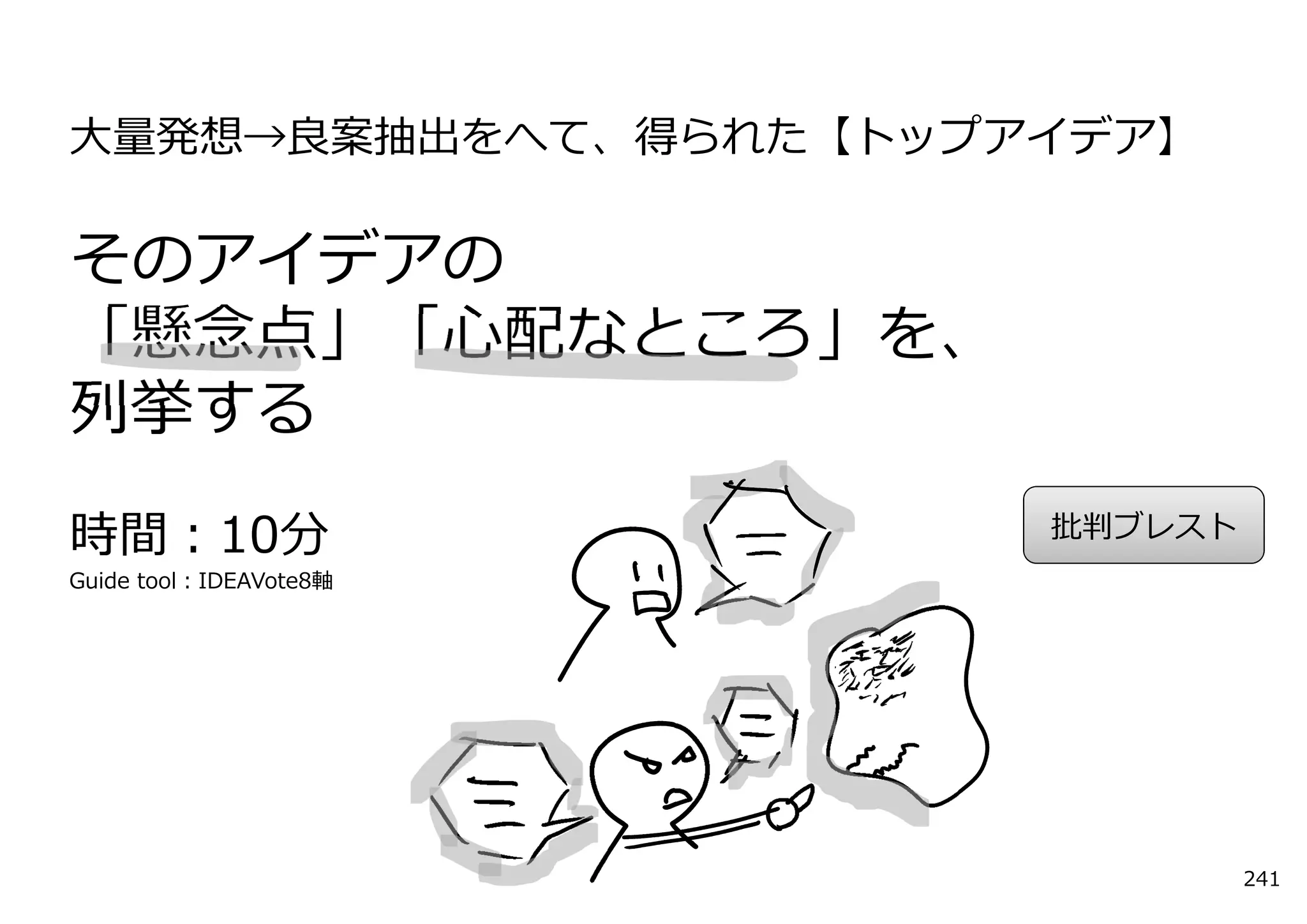 ⼤量発想→良案抽出をへて、得られた【トップアイデア】

そのアイデアの
「懸念点」「⼼配なところ」を、
列挙する
時間：10分                  批判ブレスト
Guide tool：IDEAVote8軸




                                 241
 