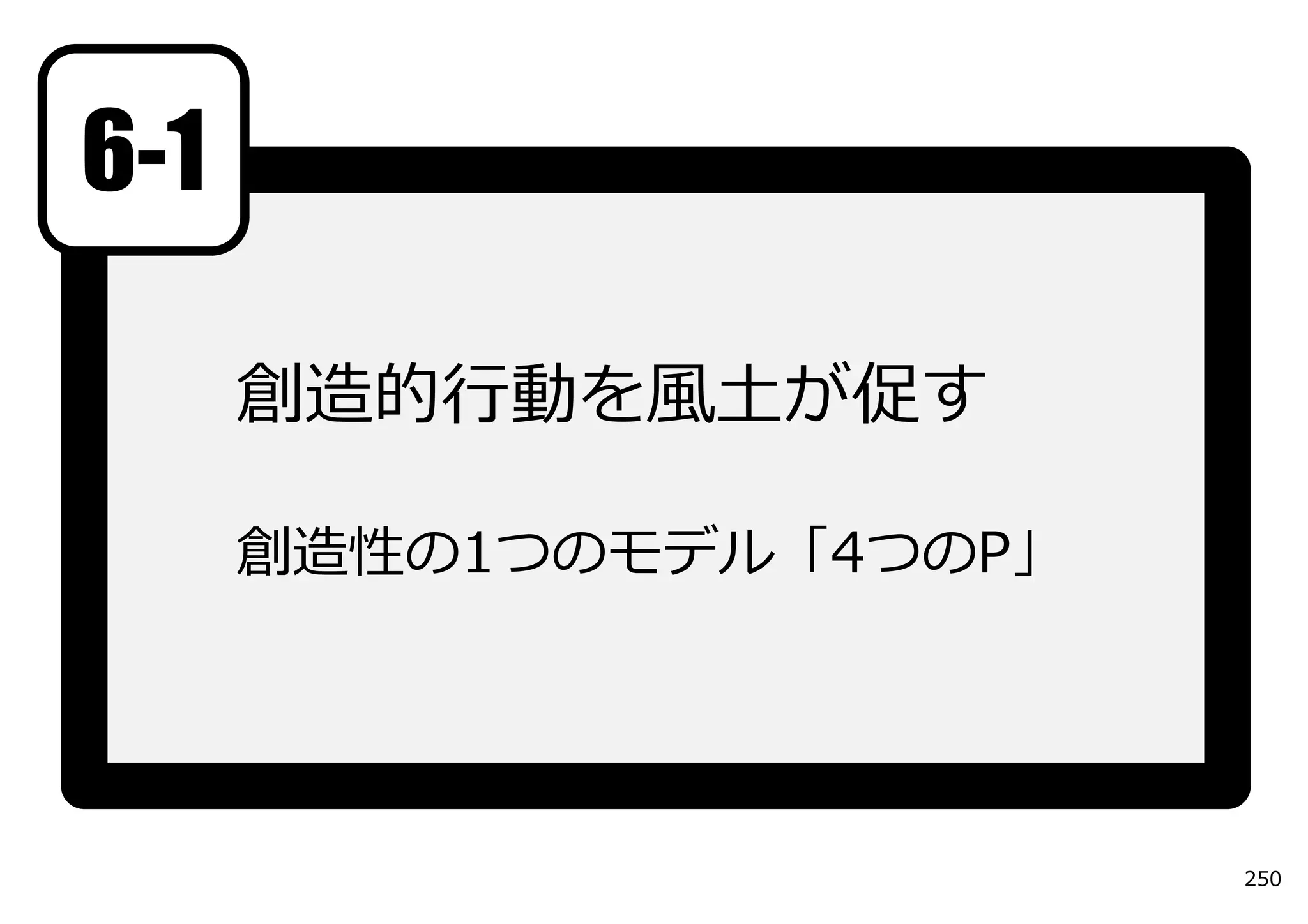 6-1

      創造的⾏動を⾵⼟が促す

      創造性の1つのモデル「4つのP」




                         250
 