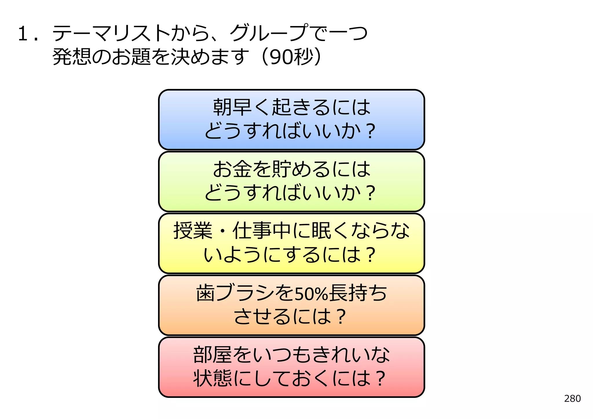 １．テーマリストから、グループで⼀つ
  発想のお題を決めます（90秒）

          朝早く起きるには
         どうすればいいか？
          お⾦を貯めるには
         どうすればいいか？
        授業・仕事中に眠くならな
         いようにするには？
         ⻭ブラシを50%⻑持ち
           させるには？
         部屋をいつもきれいな
         状態にしておくには？
                       280
 