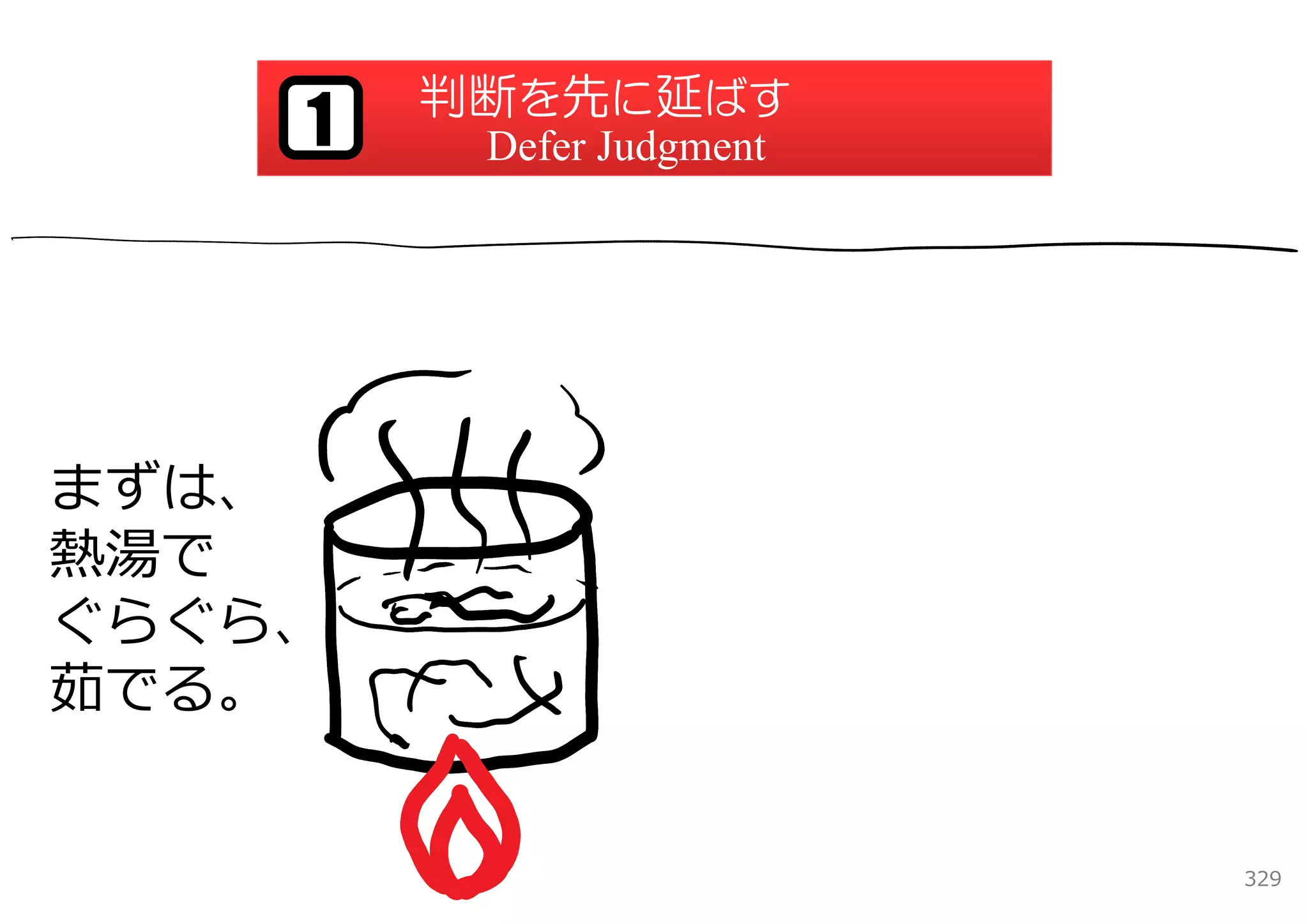 判断を先に延ばす
    1    Defer Judgment




まずは、
熱湯で
ぐらぐら、
茹でる。


                          329
 