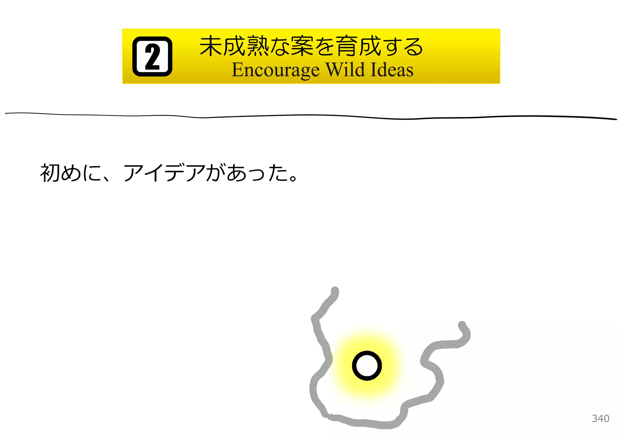 未成熟な案を育成する
     2    Encourage Wild Ideas




初めに、アイデアがあった。




                                 340
 