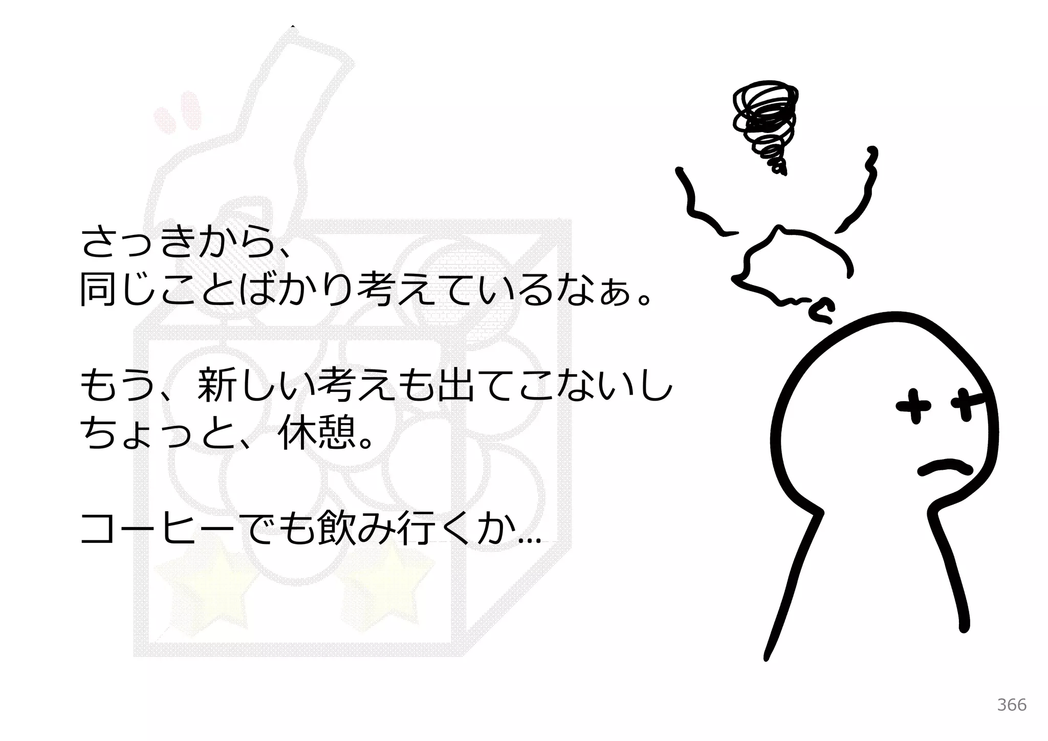 さっきから、
同じことばかり考えているなぁ。

もう、新しい考えも出てこないし
ちょっと、休憩。

コーヒーでも飲み⾏くか…



                  366
 