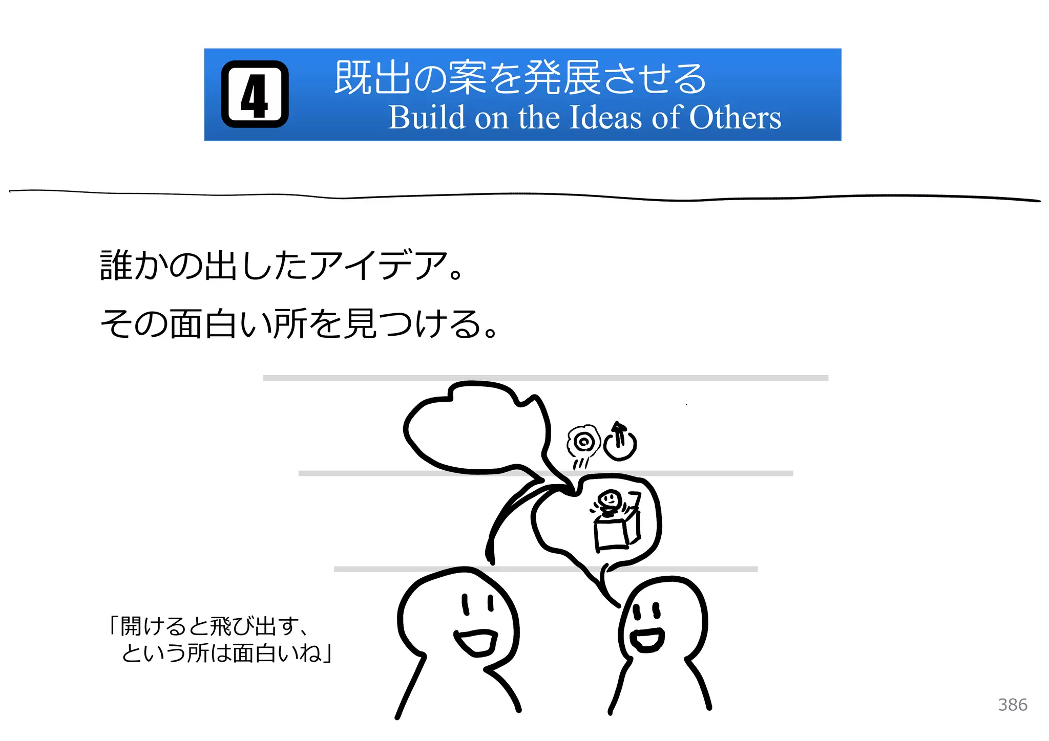 既出の案を発展させる
      4       Build on the Ideas of Others



誰かの出したアイデア。
その⾯⽩い所を⾒つける。




「開けると⾶び出す、
 という所は⾯⽩いね」

                                             386
 
