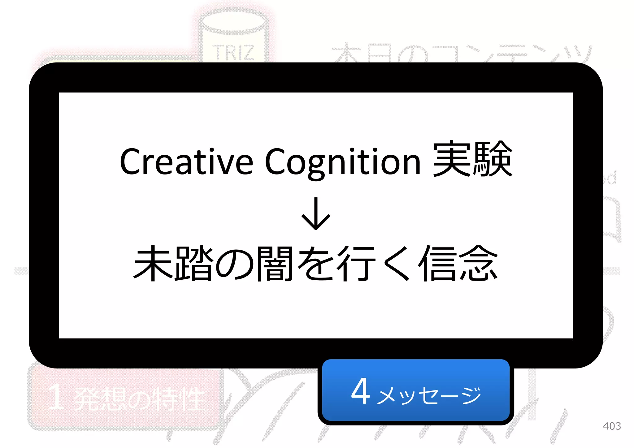 TRIZ   本⽇のコンテンツ
2 強⼒な発想法
    Creative Cognition 実験
 2a 発明原理       CPS          Method

 2b セルフX       ↓
               3
     未踏の闇を⾏く信念 創造的な能⼒の
               ガイドレール
 2c 9windows                Mind




1 発想の特性          4 メッセージ
                                   403
 
