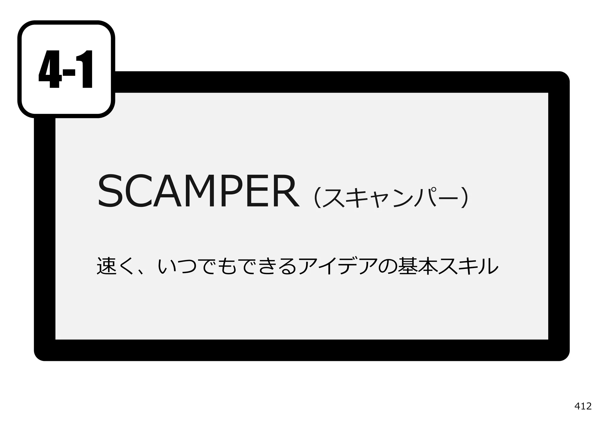 4-1

      SCAMPER（スキャンパー）
      速く、いつでもできるアイデアの基本スキル




                             412
 